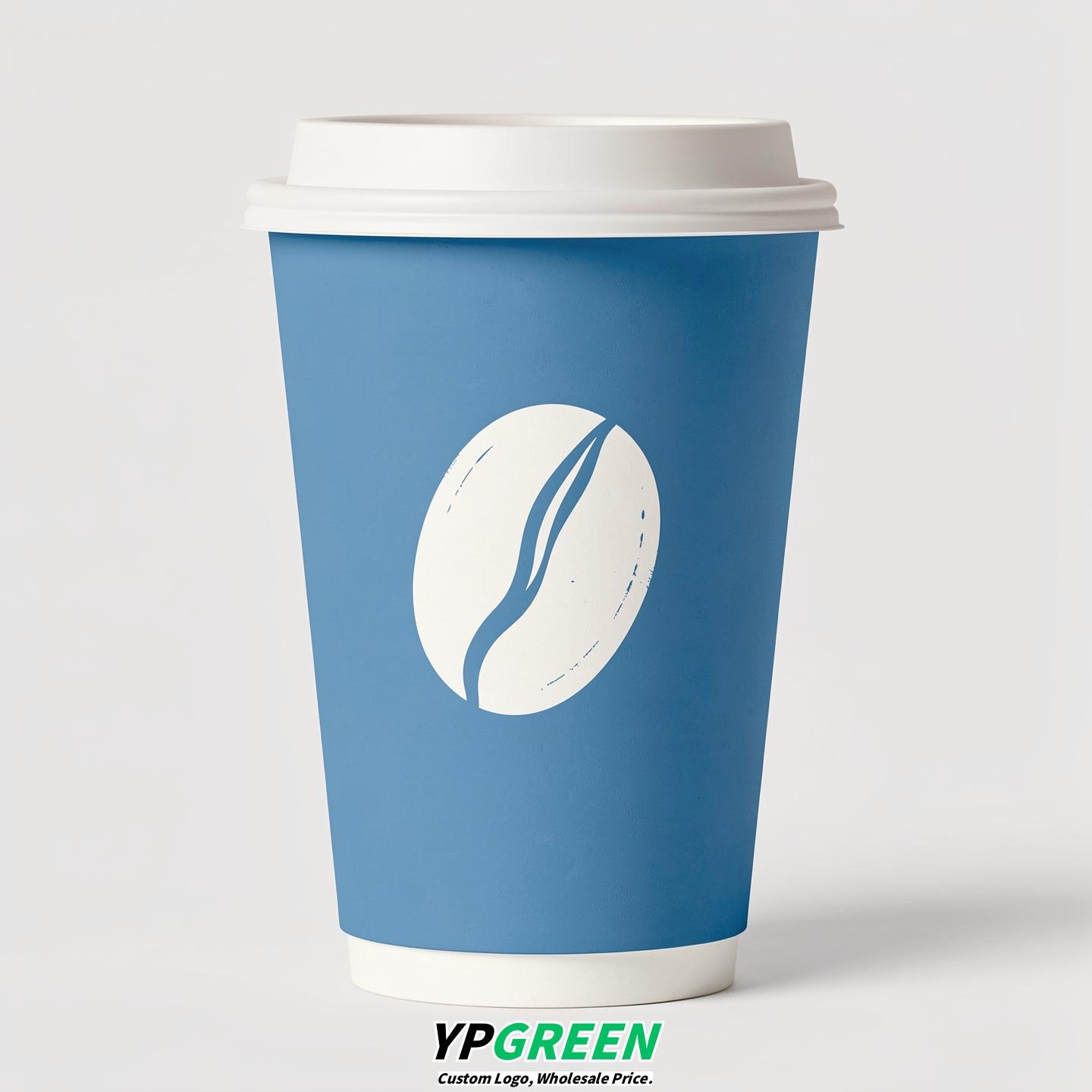 Sky Blue Paper Cups with Coffee Bean Logo & Lids 8-24oz