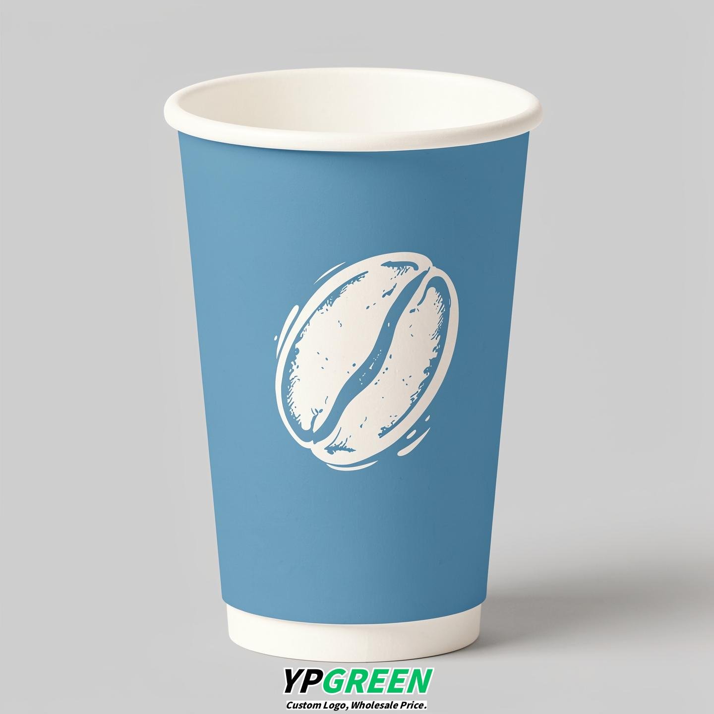 Sky Blue Paper Cups with Coffee Bean Logo & Lids 8-24oz