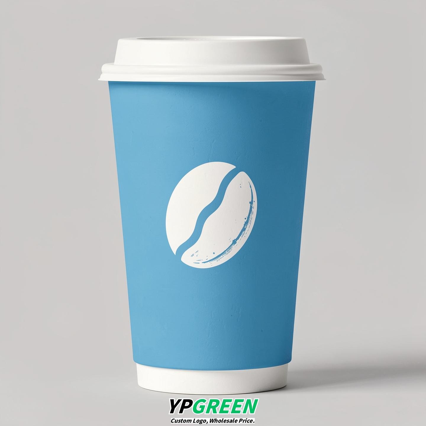 Sky Blue Paper Cups with Coffee Bean Logo & Lids 8-24oz