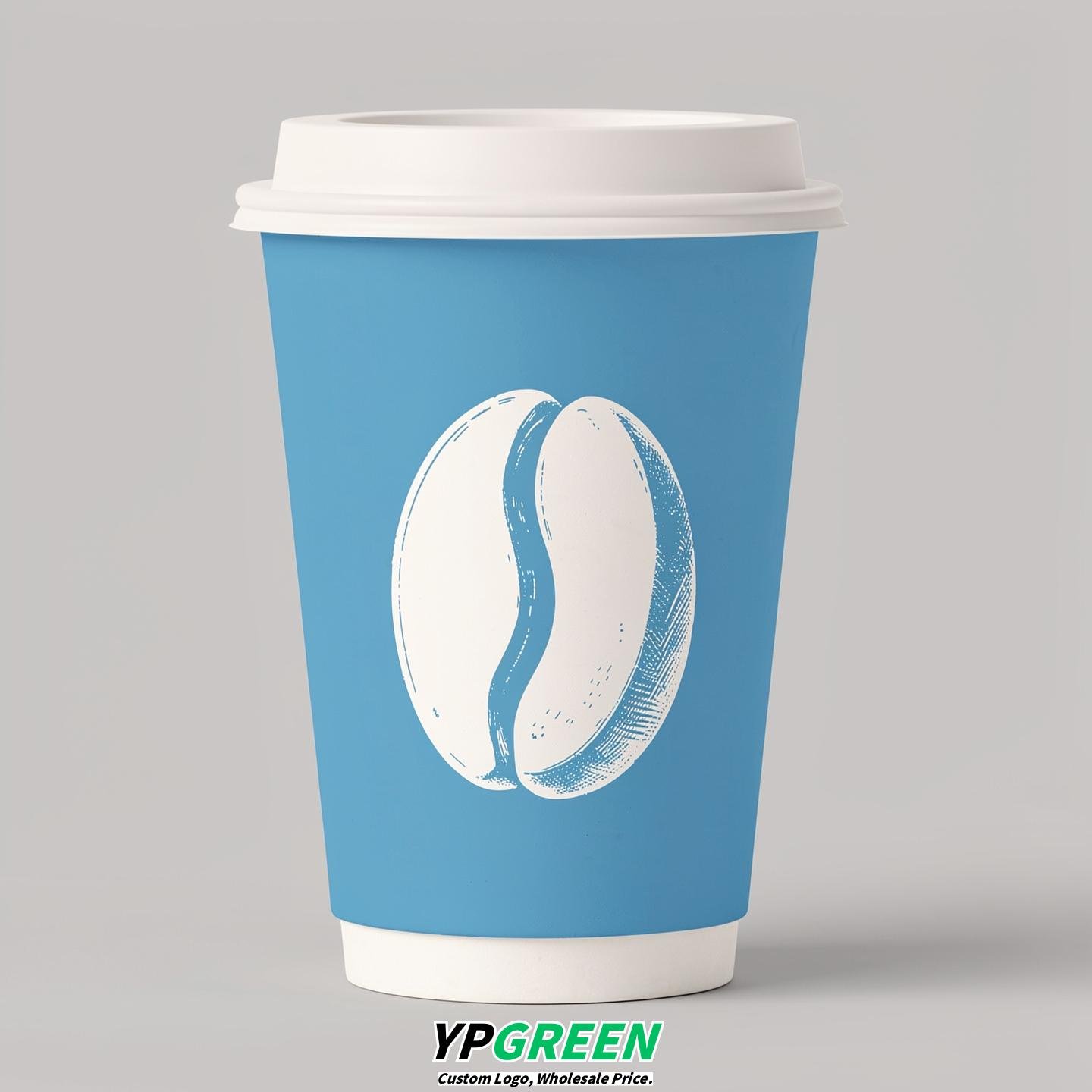 Sky Blue Paper Cups with Coffee Bean Logo & Lids 8-24oz