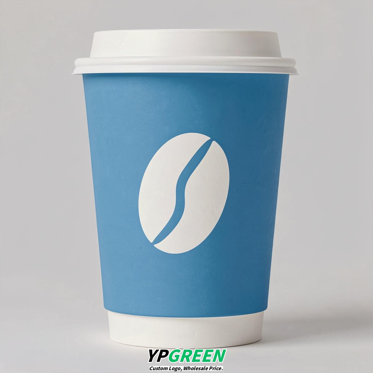 Sky Blue Paper Cups with Coffee Bean Logo & Lids 8-24oz