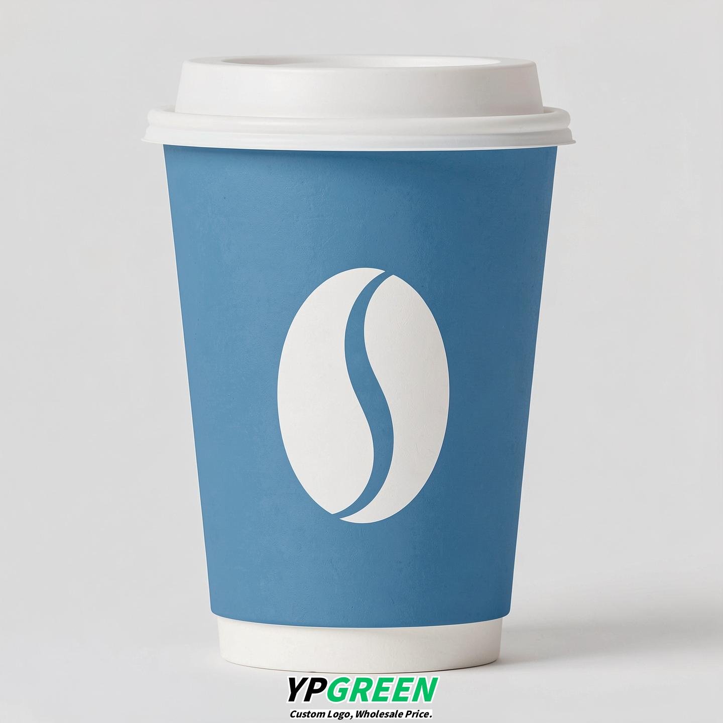 Sky Blue Paper Cups with Coffee Bean Logo & Lids 8-24oz