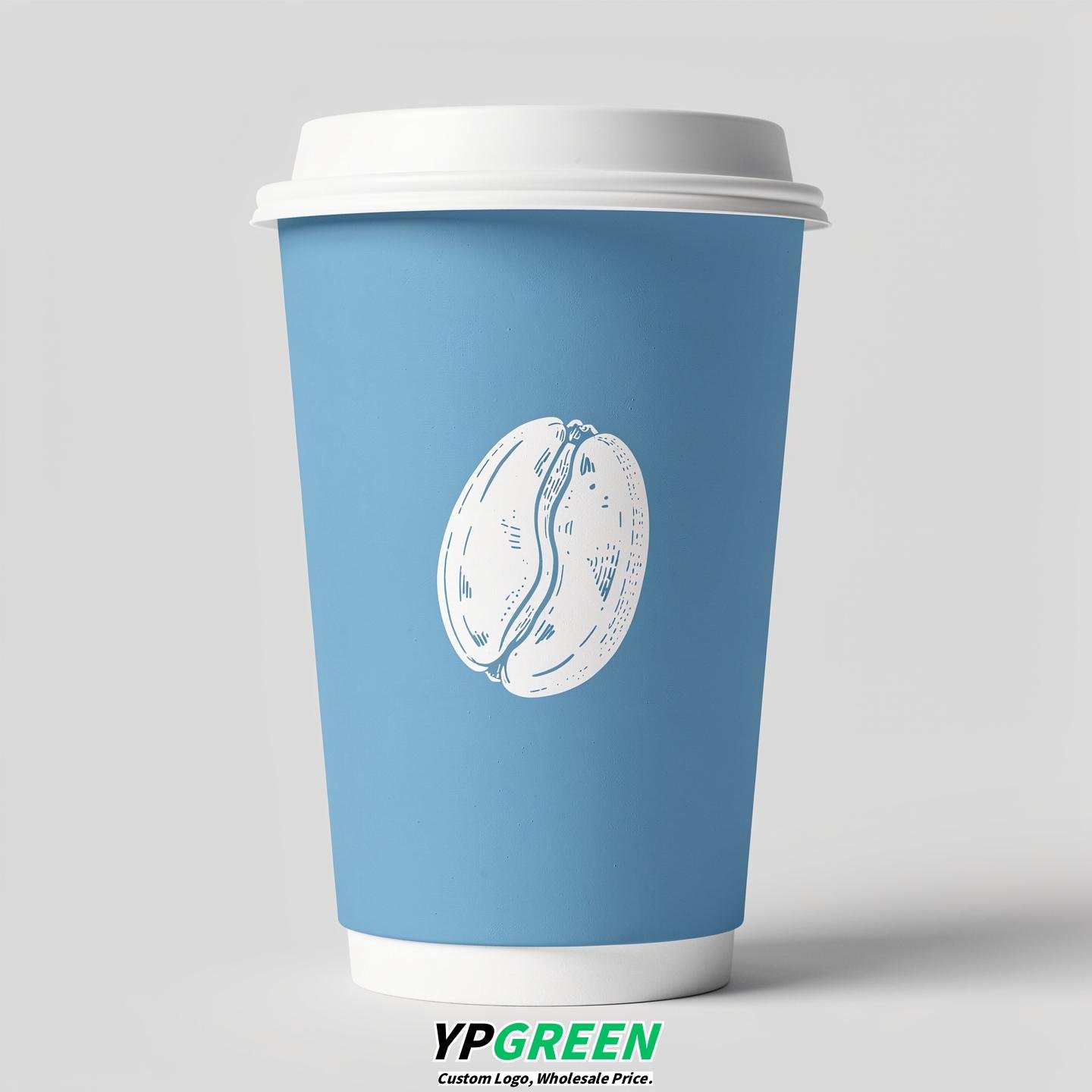 Sky Blue Paper Cups with Coffee Bean Logo & Lids 8-24oz