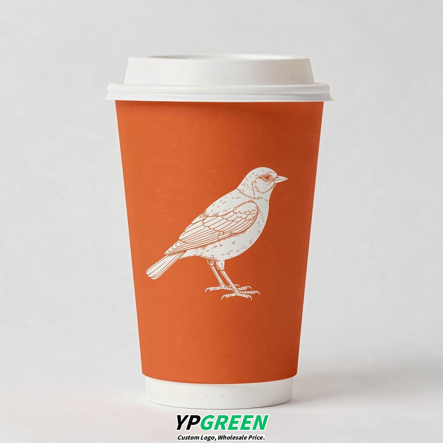 Tangerine Paper Cups with Bird Logo & Lids 8-24oz