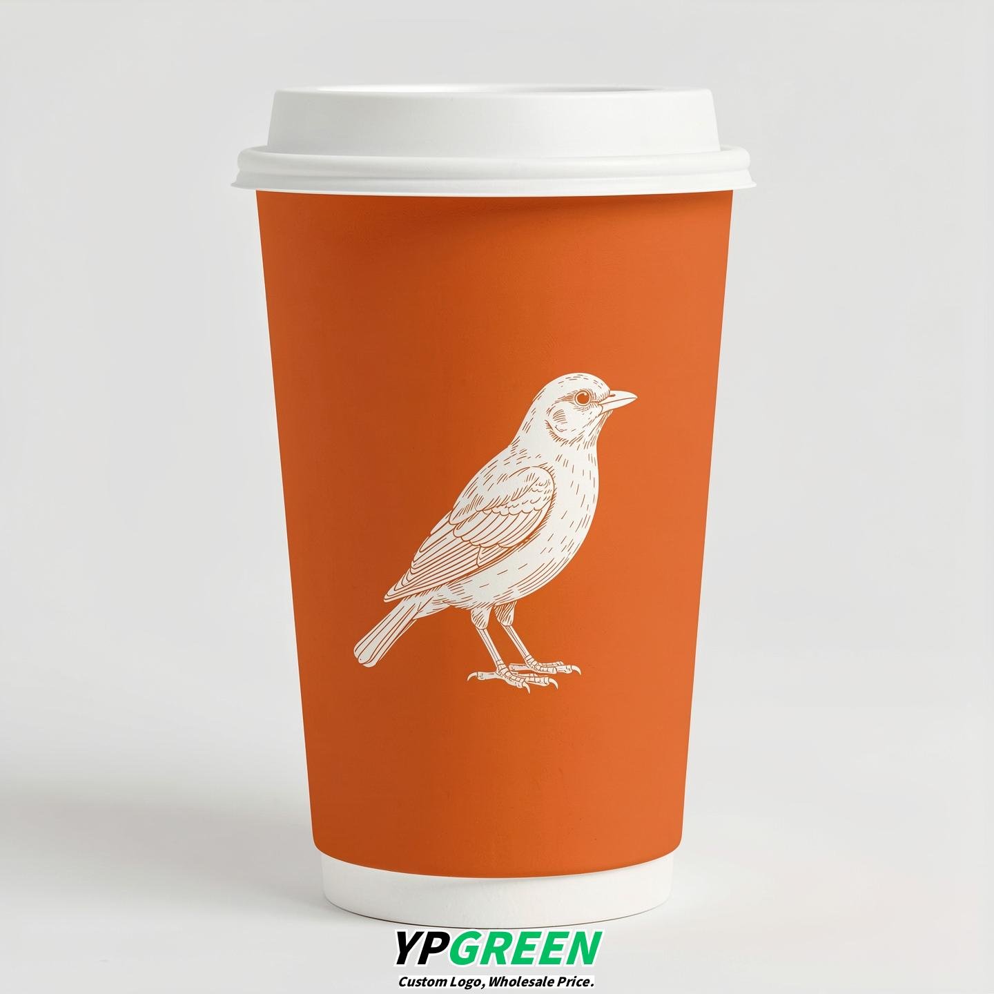 Tangerine Paper Cups with Bird Logo & Lids 8-24oz