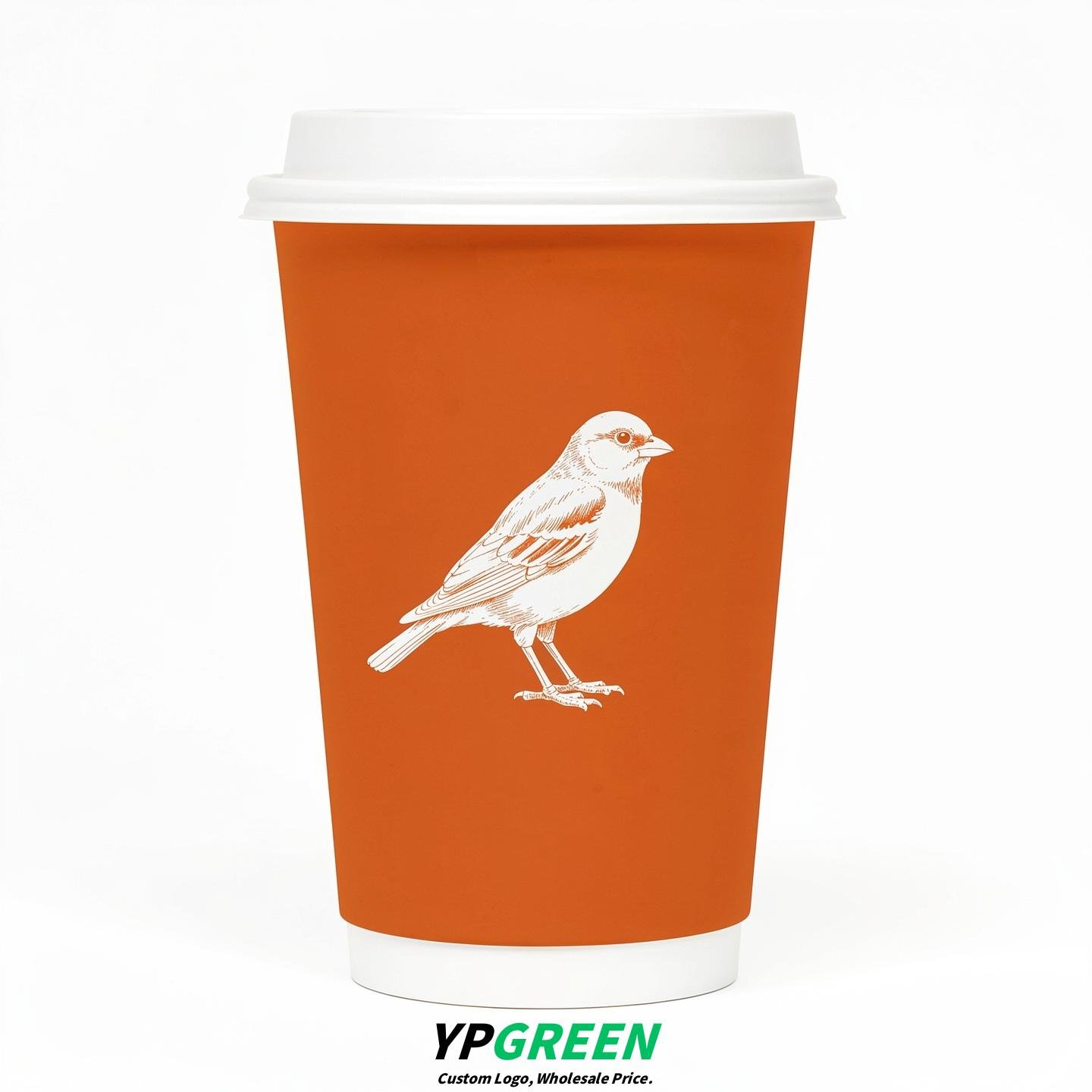 Tangerine Paper Cups with Bird Logo & Lids 8-24oz