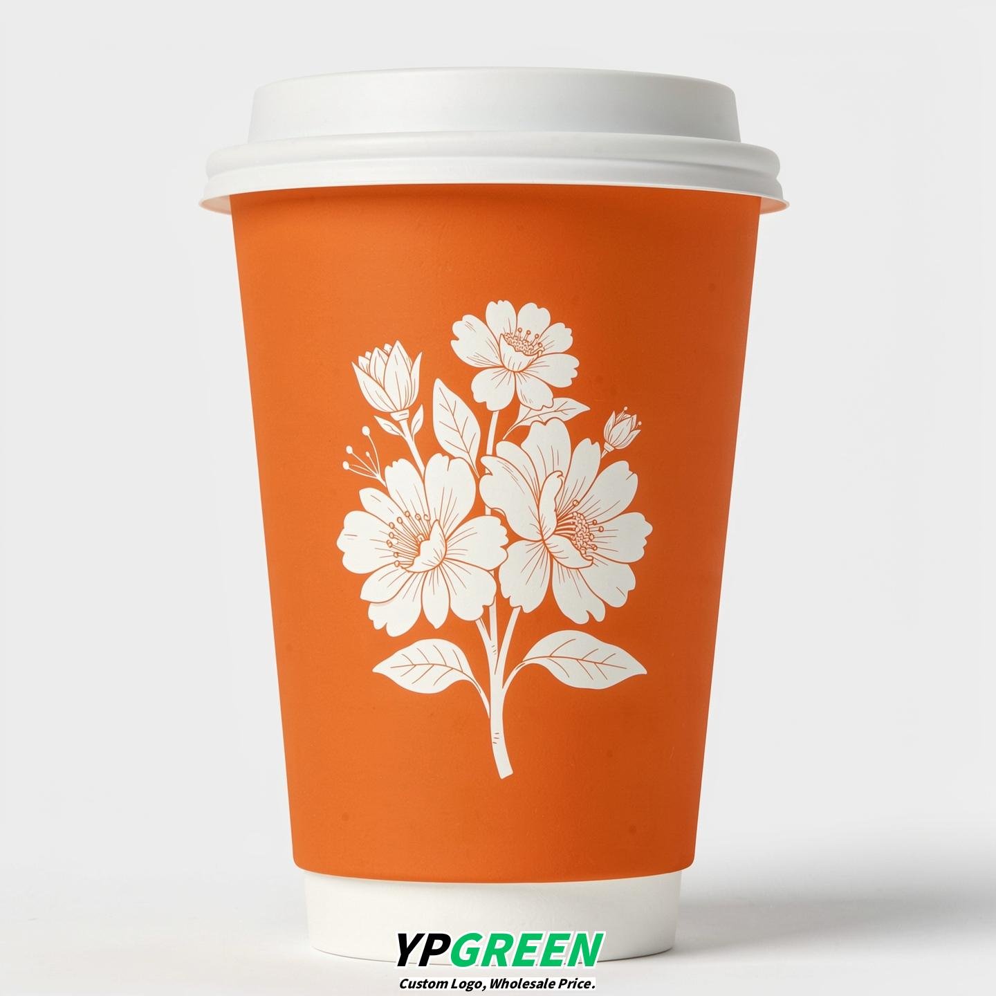 Tangerine Floral Paper Cups with Lids 8-24oz