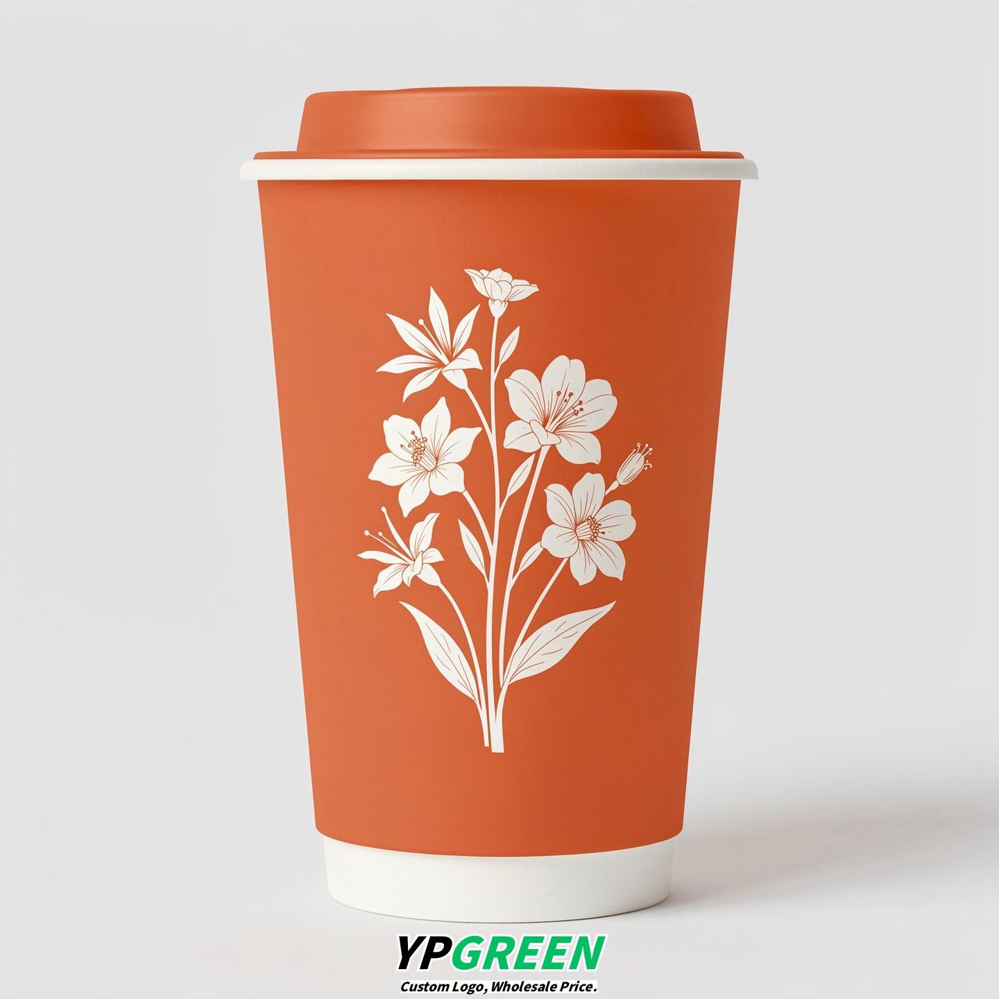 Tangerine Floral Paper Cups with Lids 8-24oz