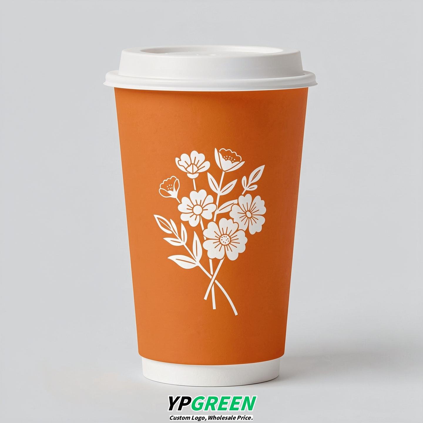Tangerine Floral Paper Cups with Lids 8-24oz