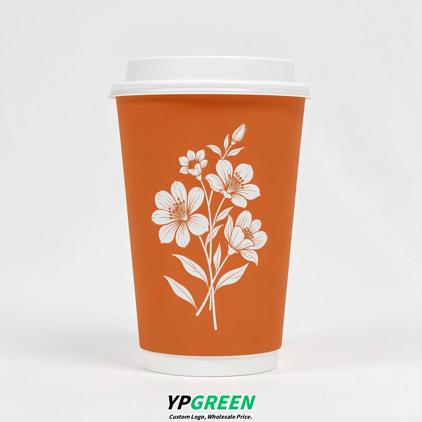 Tangerine Floral Paper Cups with Lids 8-24oz