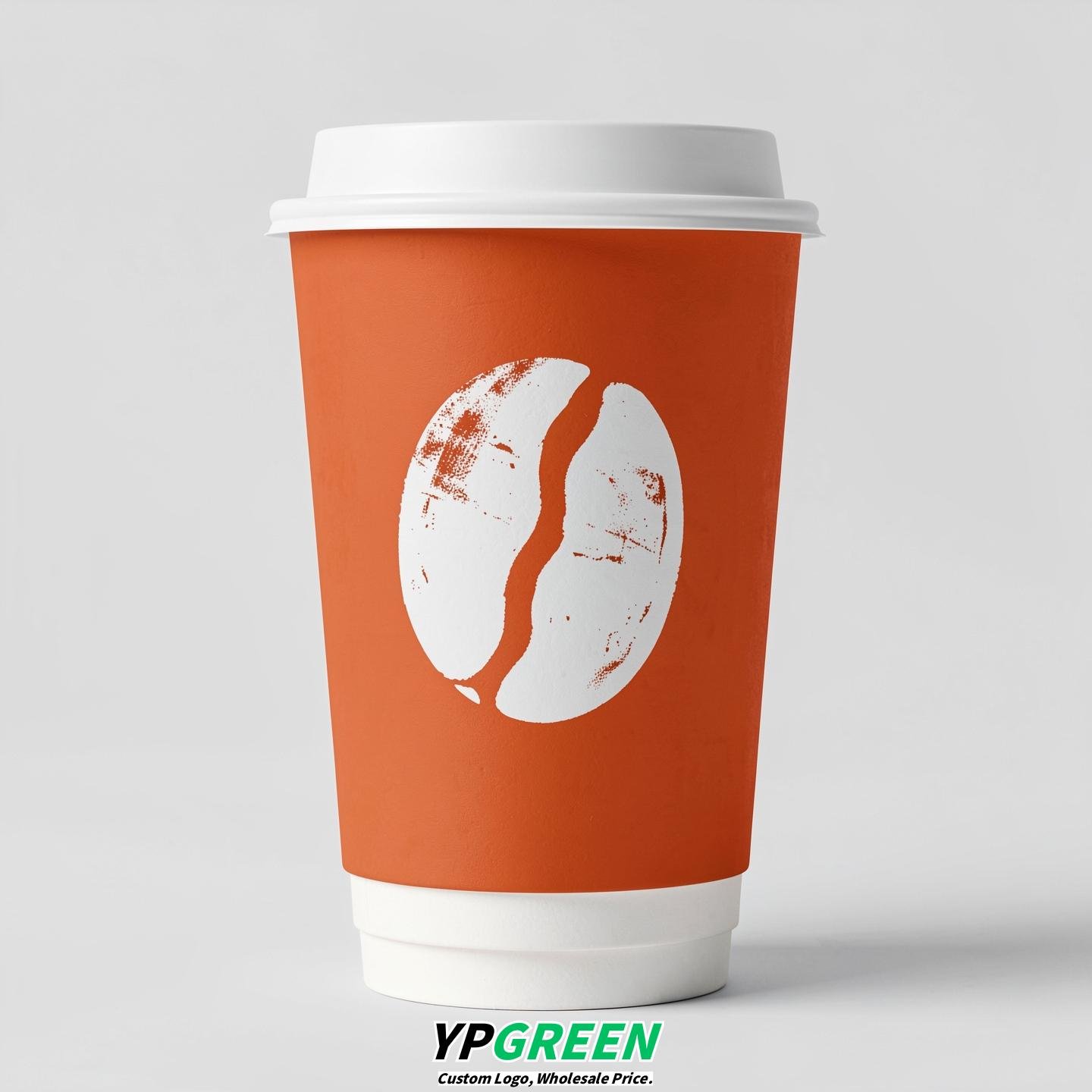Tangerine Paper Cups with Coffee Bean Logo & Lids 8-24oz