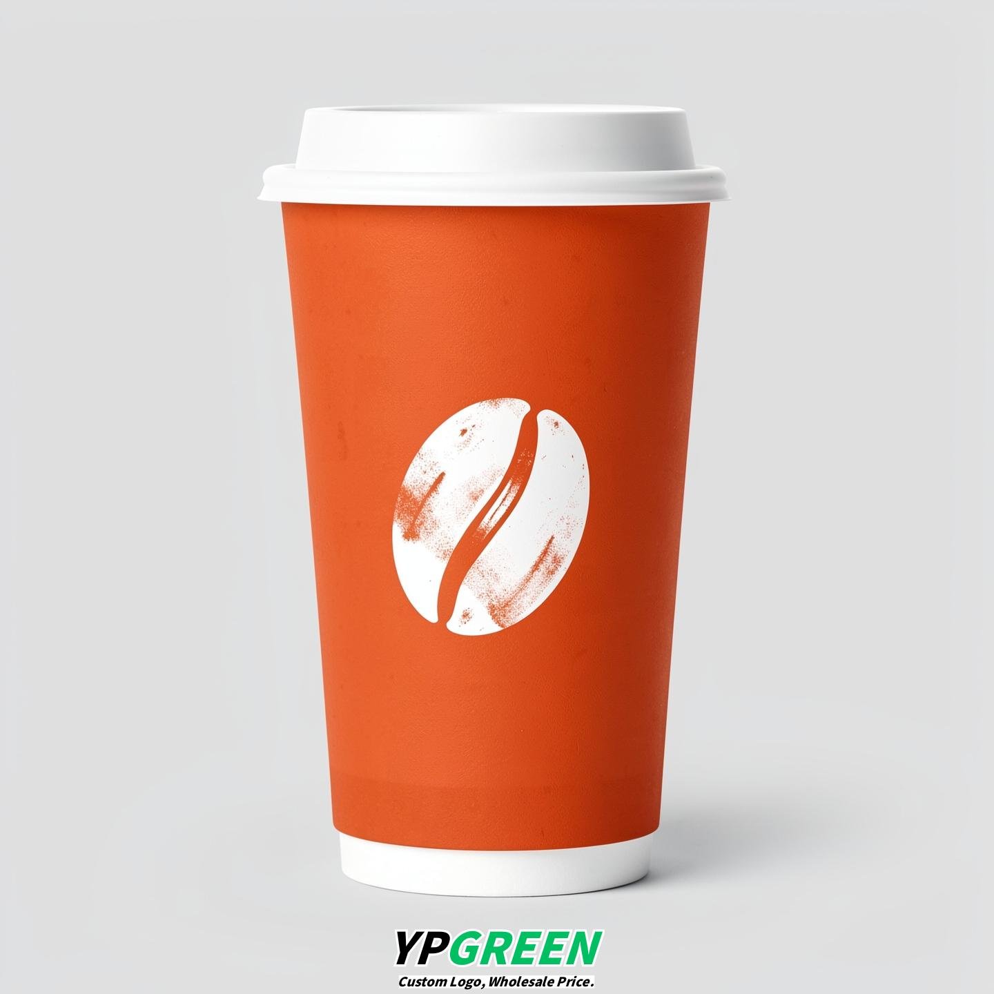 Tangerine Paper Cups with Coffee Bean Logo & Lids 8-24oz