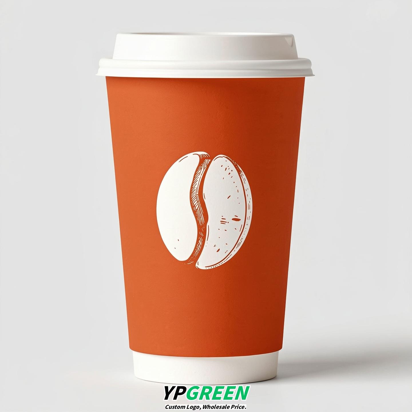 Tangerine Paper Cups with Coffee Bean Logo & Lids 8-24oz