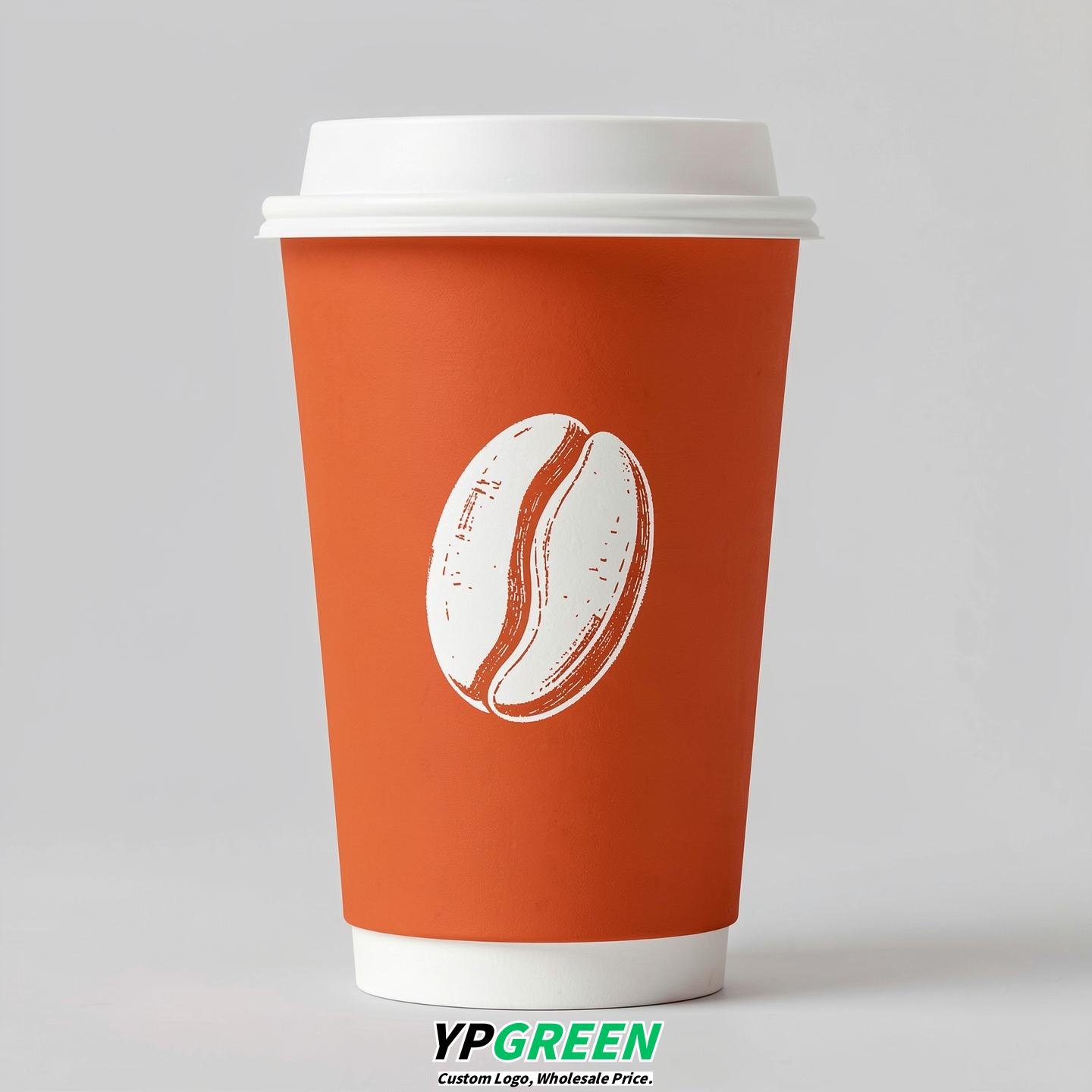 Tangerine Paper Cups with Coffee Bean Logo & Lids 8-24oz