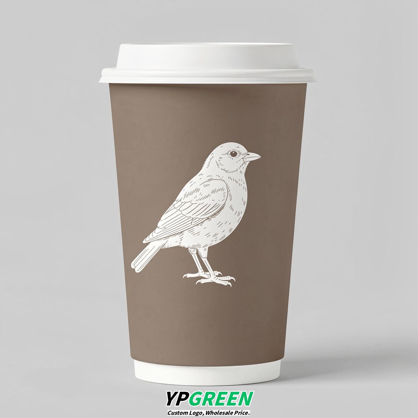 Taupe Paper Cups with Bird Logo & Lids 8-24oz