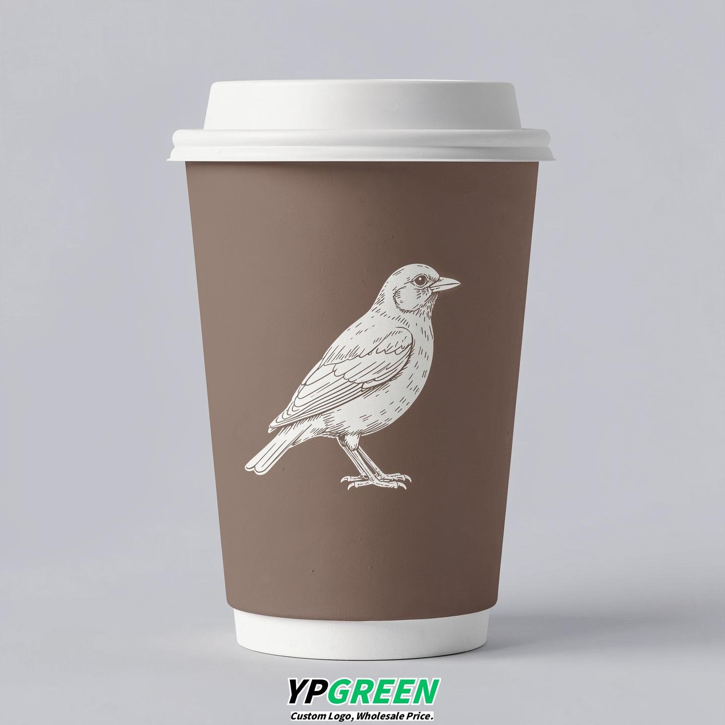 Taupe Paper Cups with Bird Logo & Lids 8-24oz