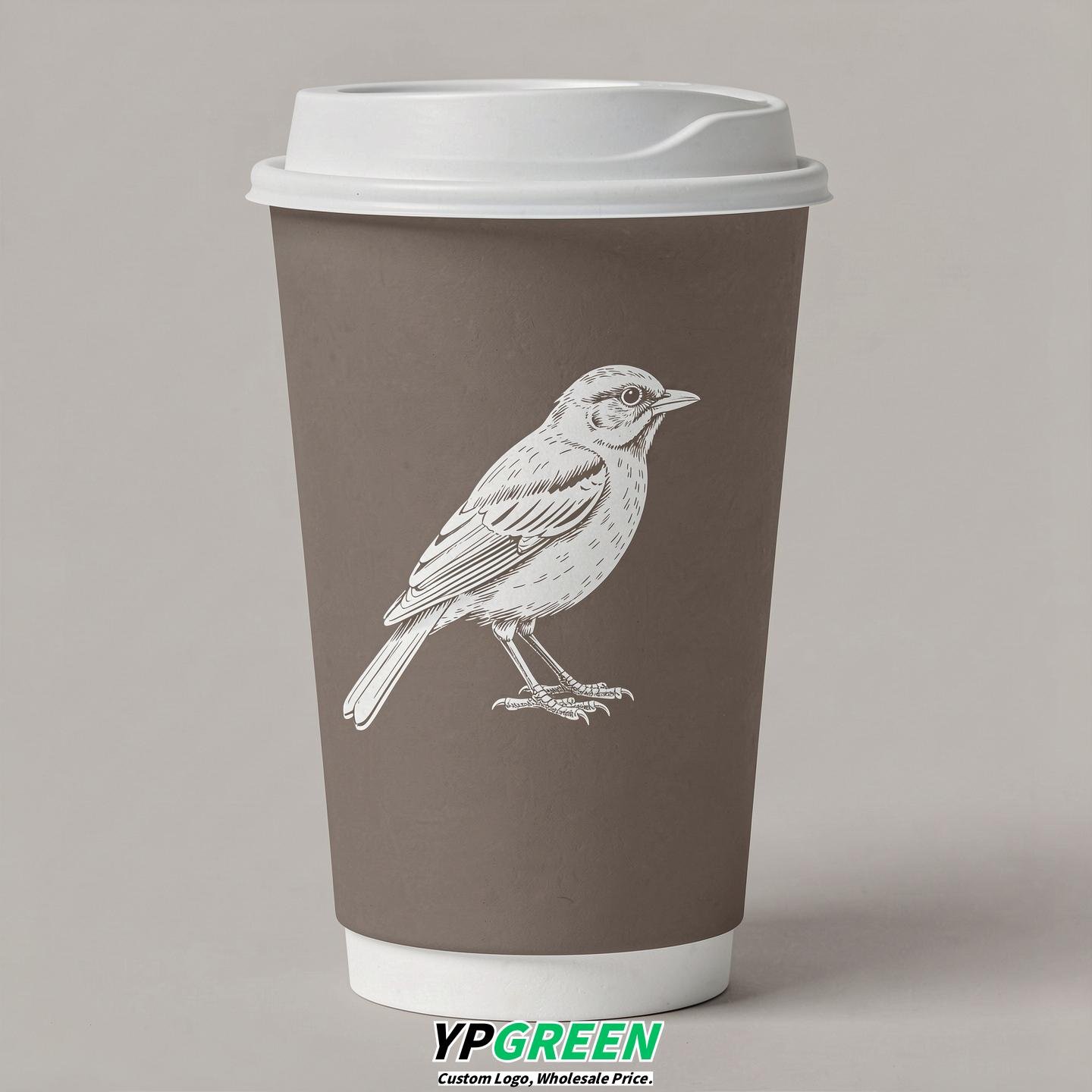 Taupe Paper Cups with Bird Logo & Lids 8-24oz