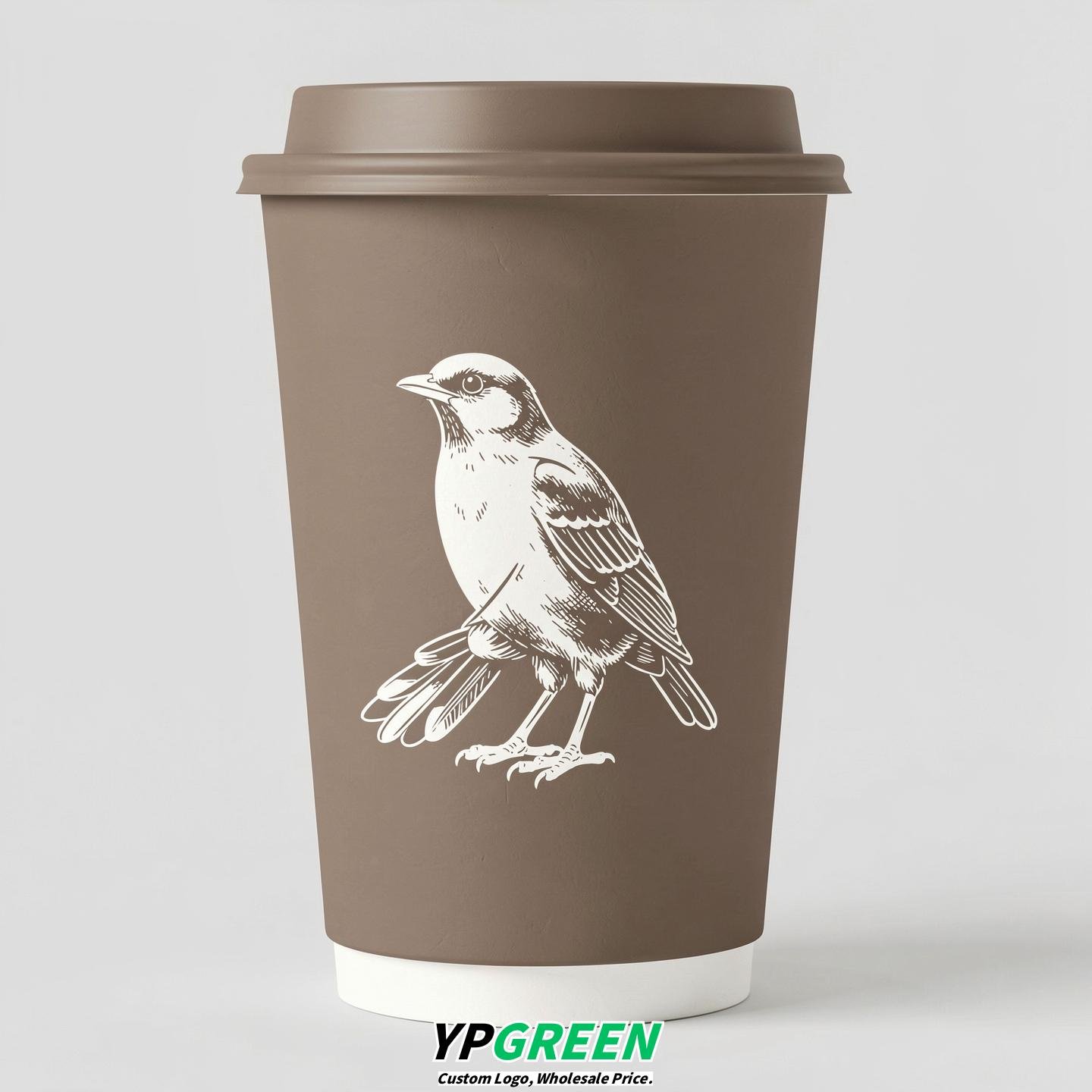 Taupe Paper Cups with Bird Logo & Lids 8-24oz