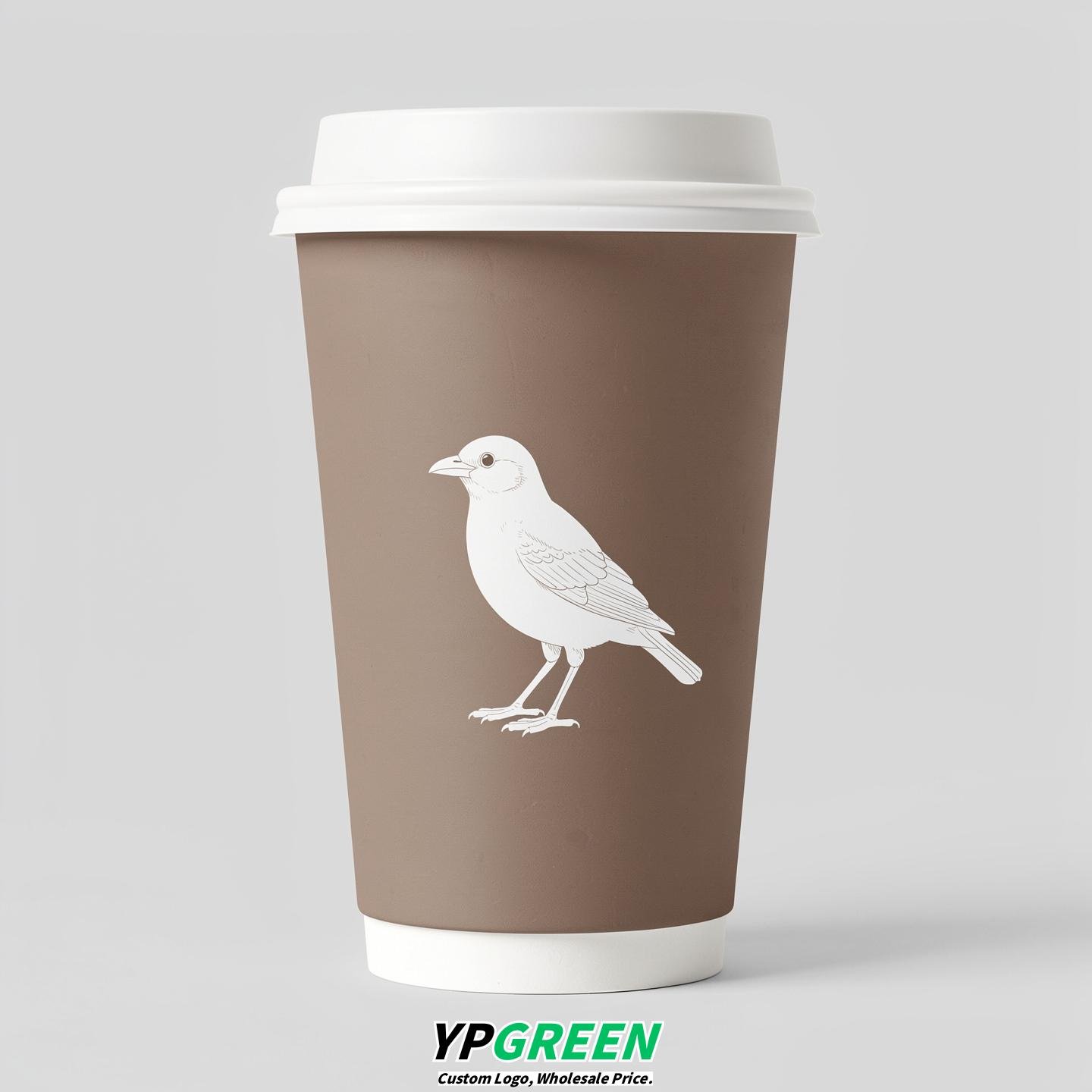 Taupe Paper Cups with Bird Logo & Lids 8-24oz