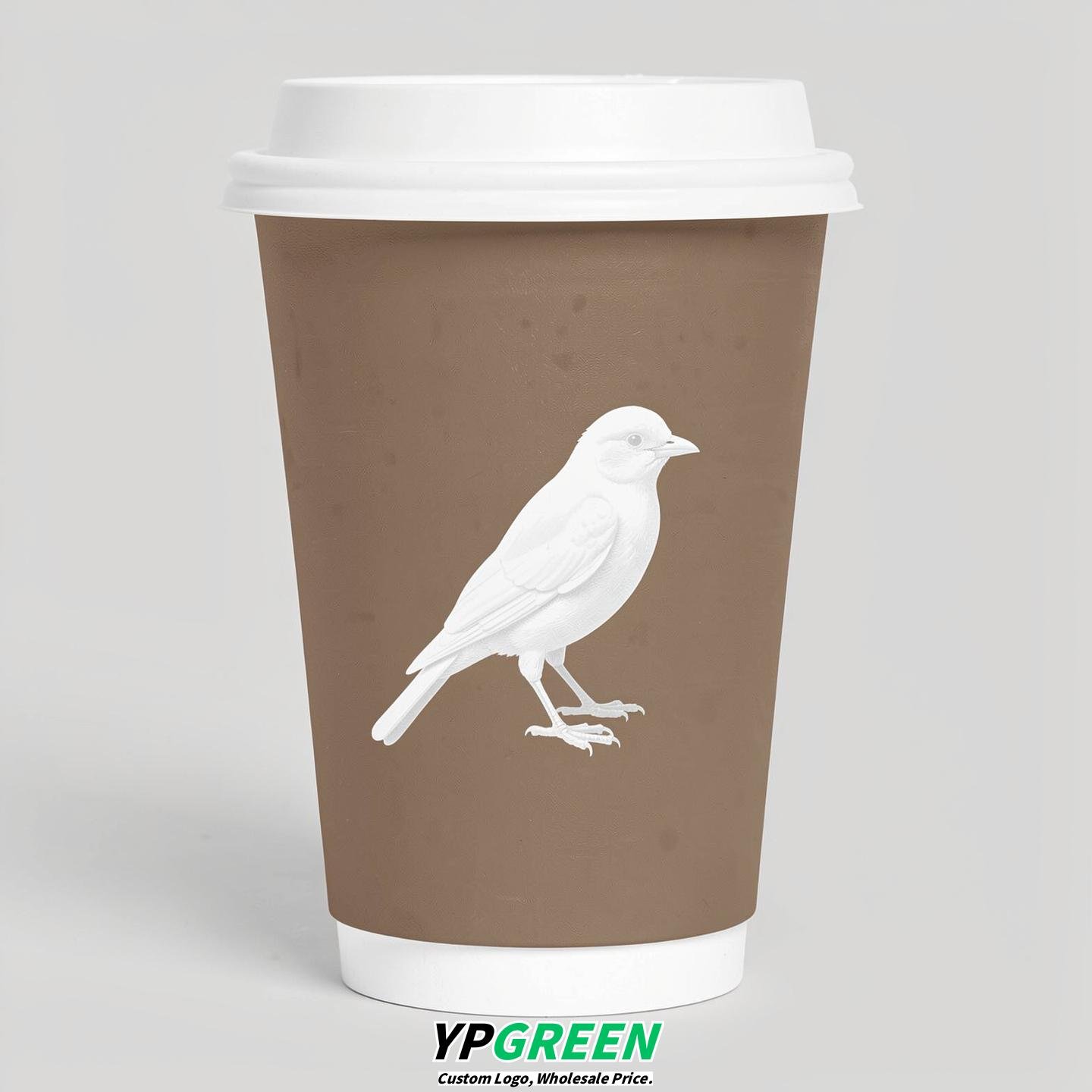 Taupe Paper Cups with Bird Logo & Lids 8-24oz