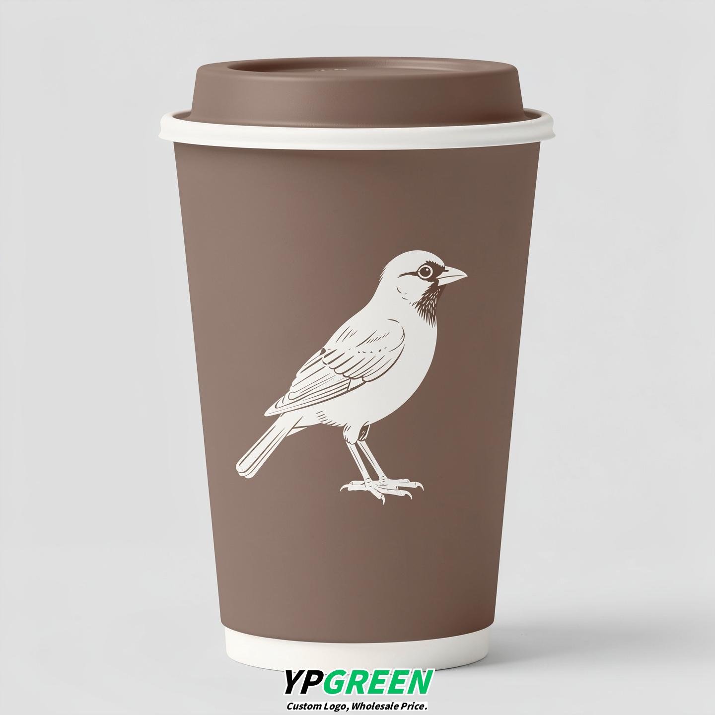 Taupe Paper Cups with Bird Logo & Lids 8-24oz