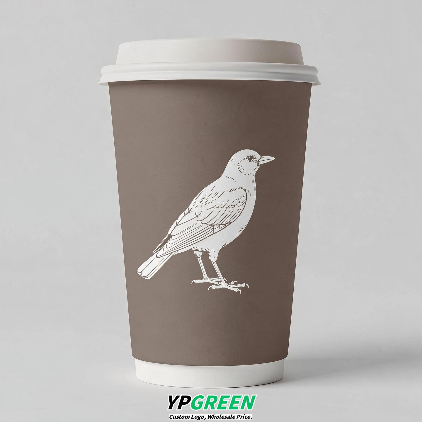 Taupe Paper Cups with Bird Logo & Lids 8-24oz