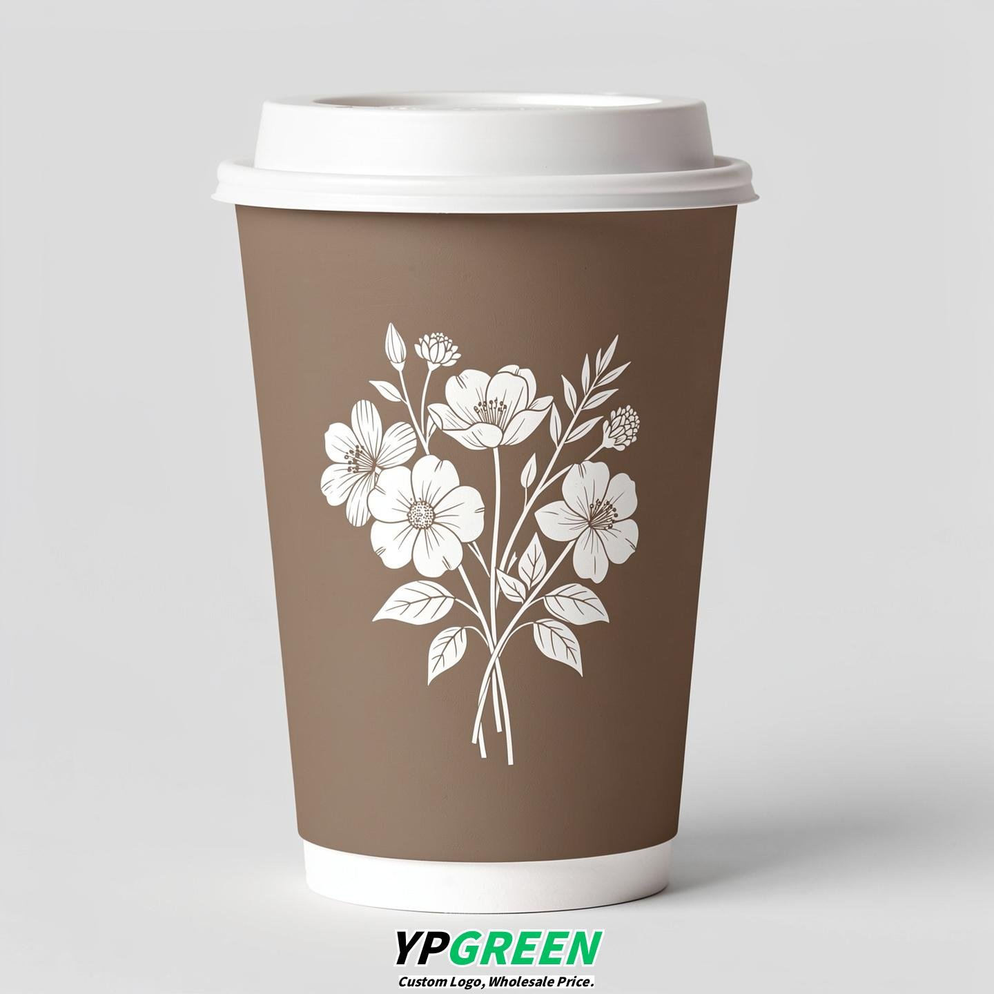 Taupe Floral Paper Cups with Lids 8-24oz