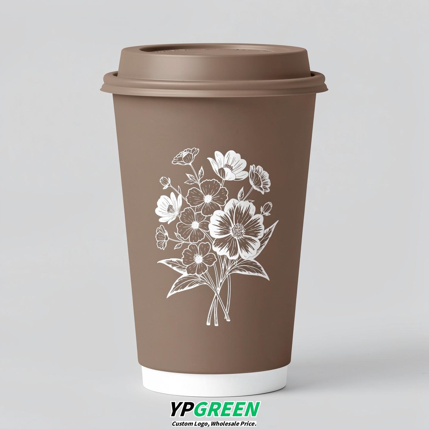 Taupe Floral Paper Cups with Lids 8-24oz