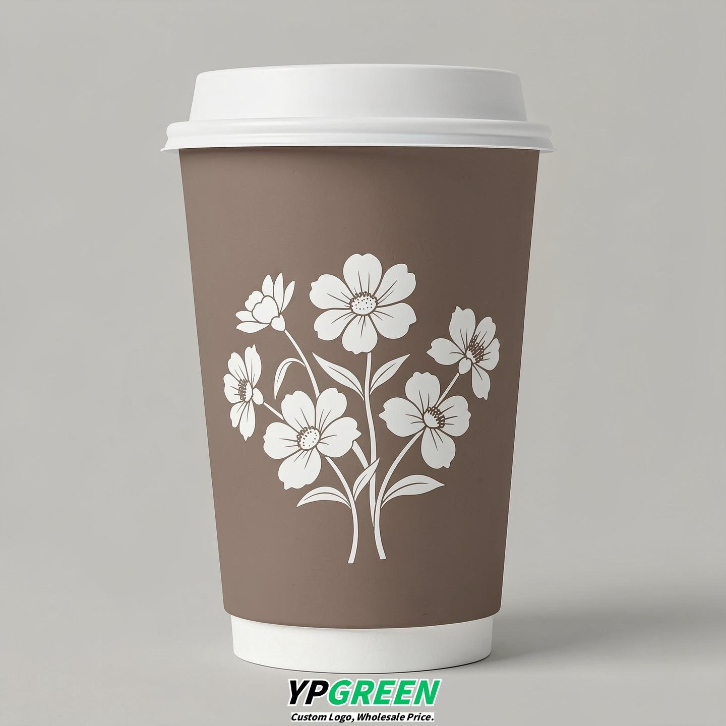 Taupe Floral Paper Cups with Lids 8-24oz