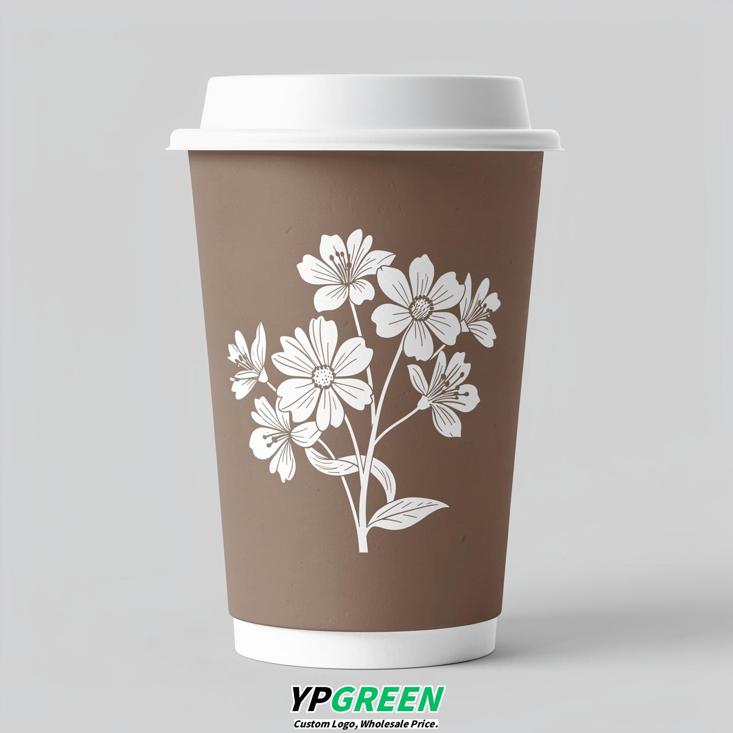 Taupe Floral Paper Cups with Lids 8-24oz