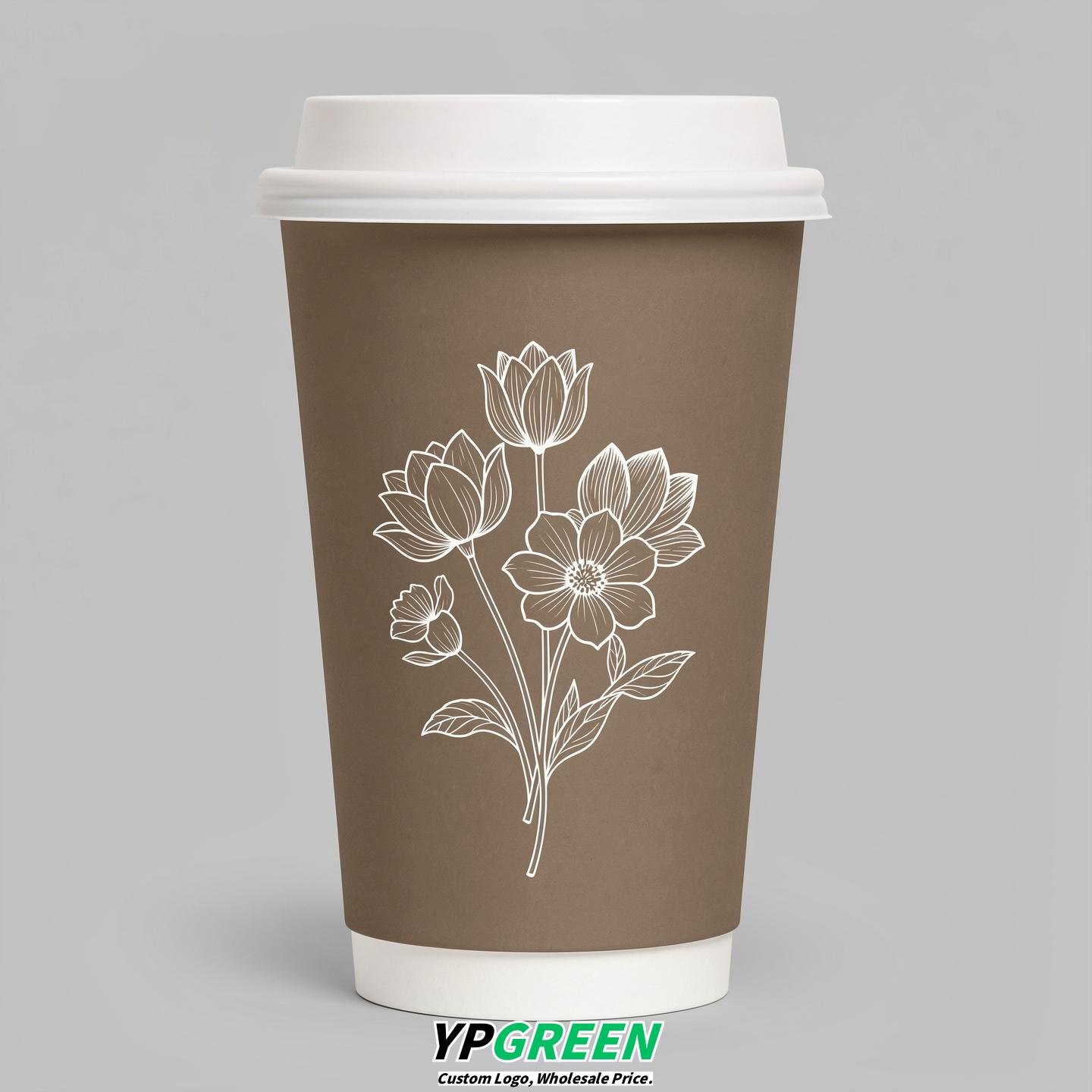 Taupe Floral Paper Cups with Lids 8-24oz