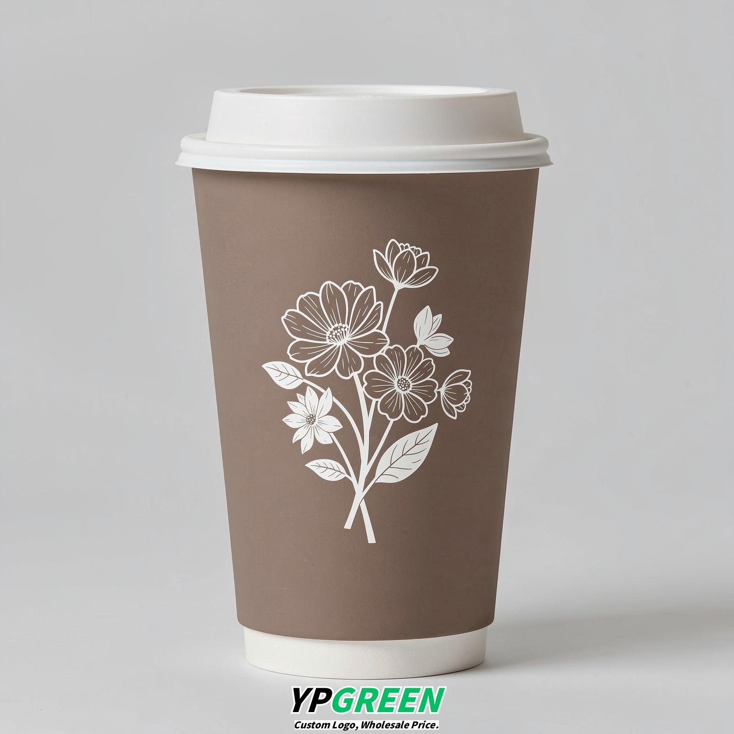 Taupe Floral Paper Cups with Lids 8-24oz