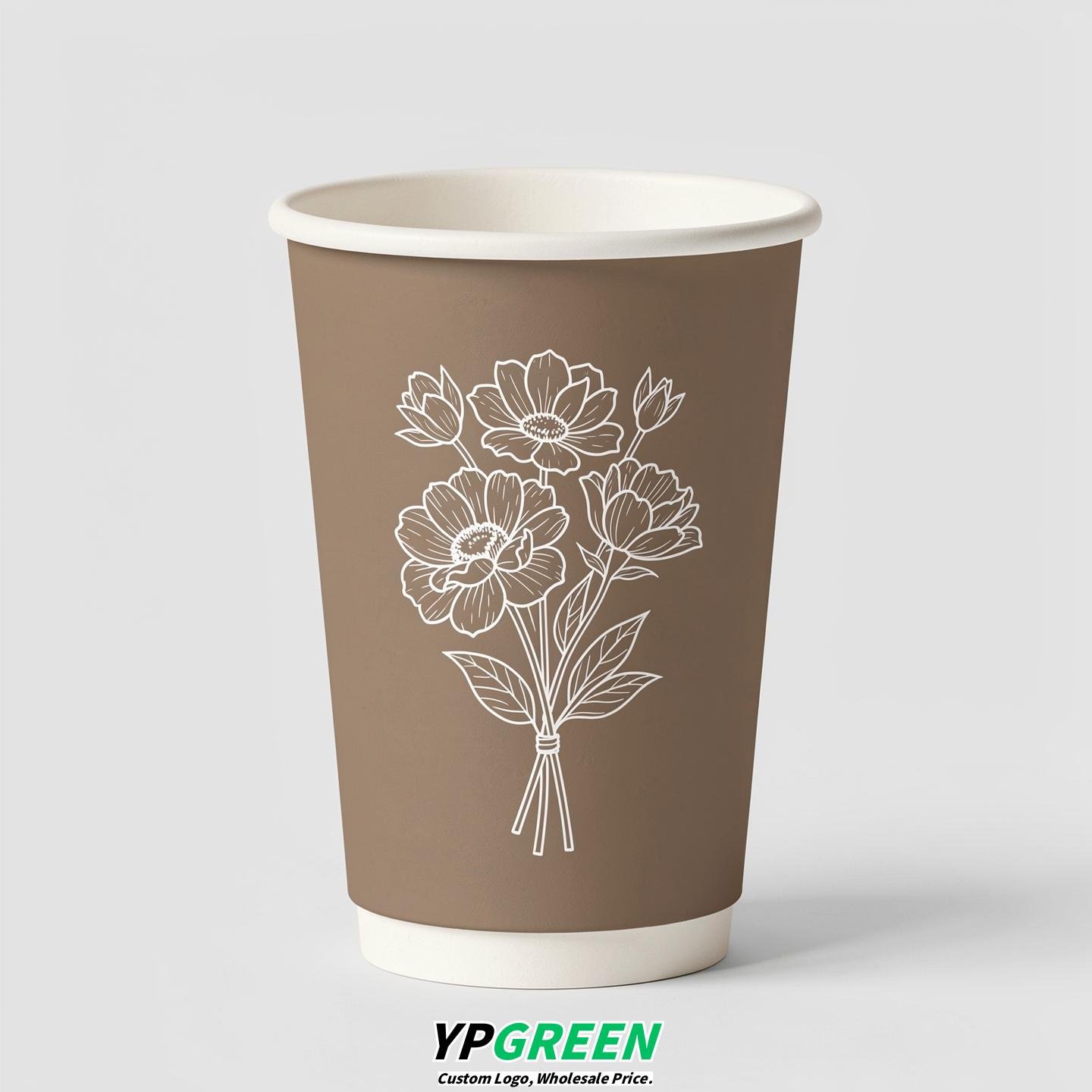 Taupe Floral Paper Cups with Lids 8-24oz