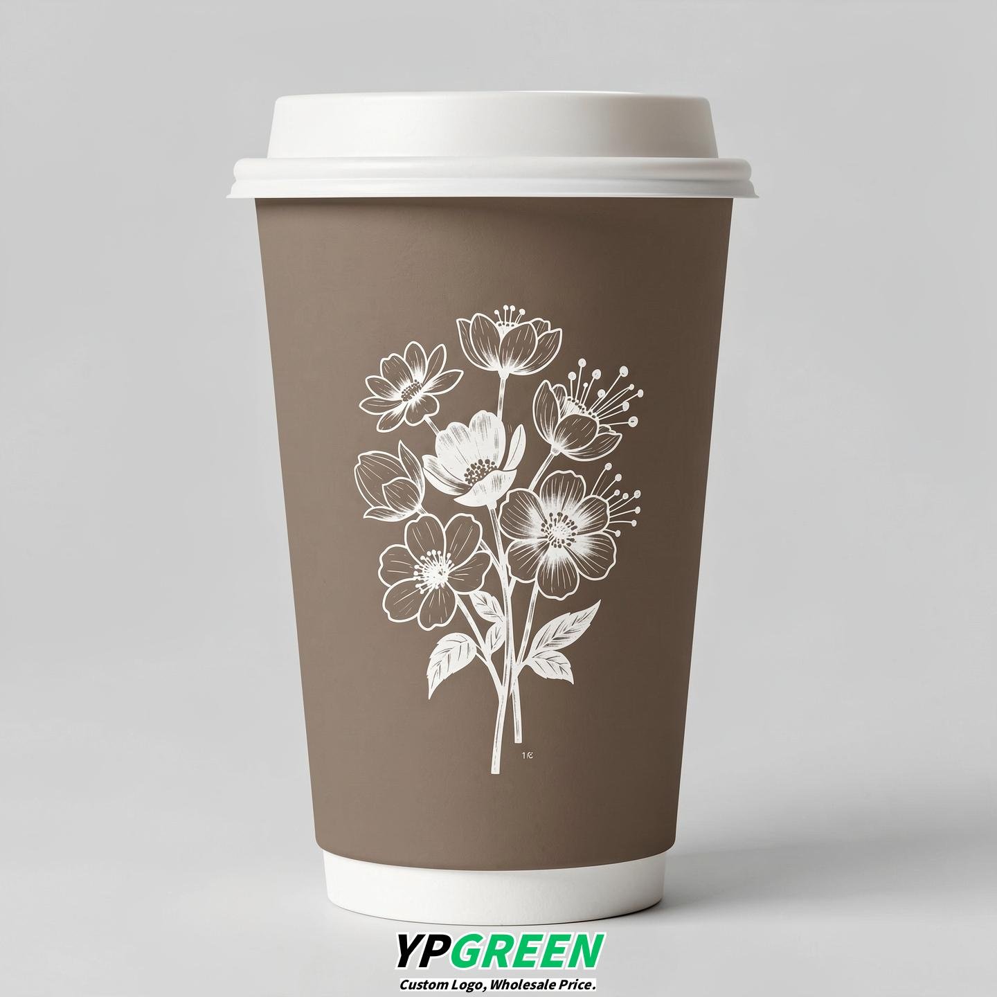 Taupe Floral Paper Cups with Lids 8-24oz