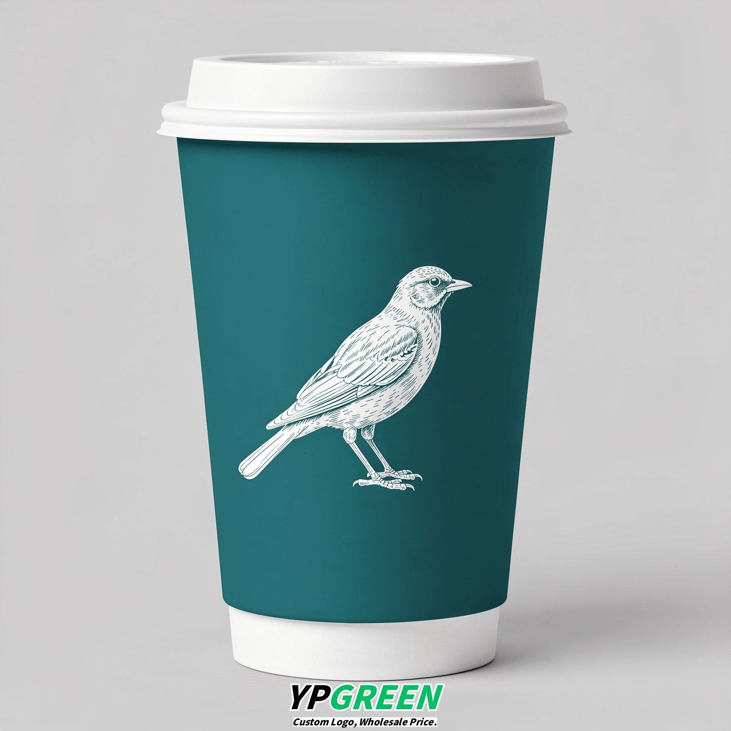 Teal Paper Cups with Bird Logo & Lids 8-24oz