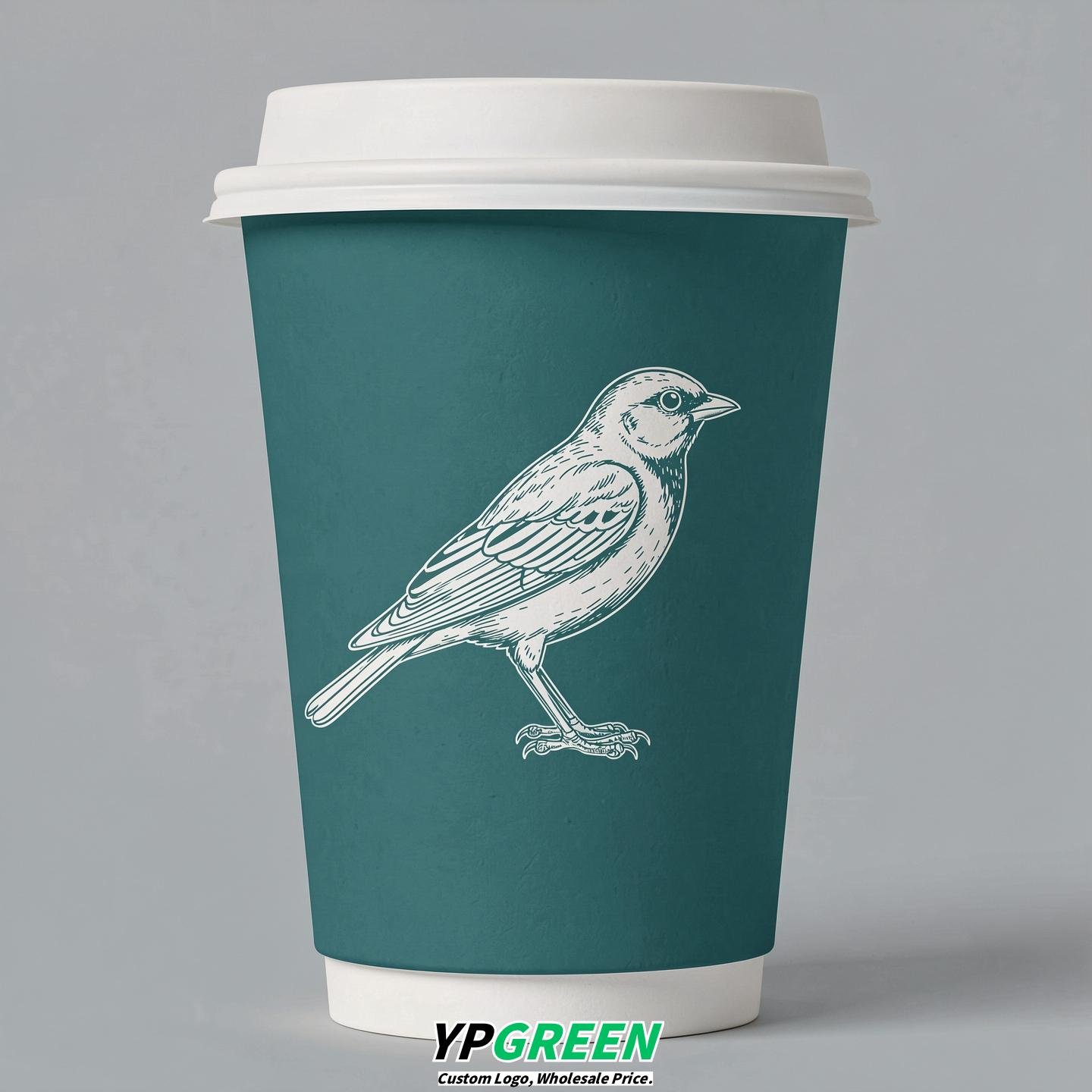 Teal Paper Cups with Bird Logo & Lids 8-24oz