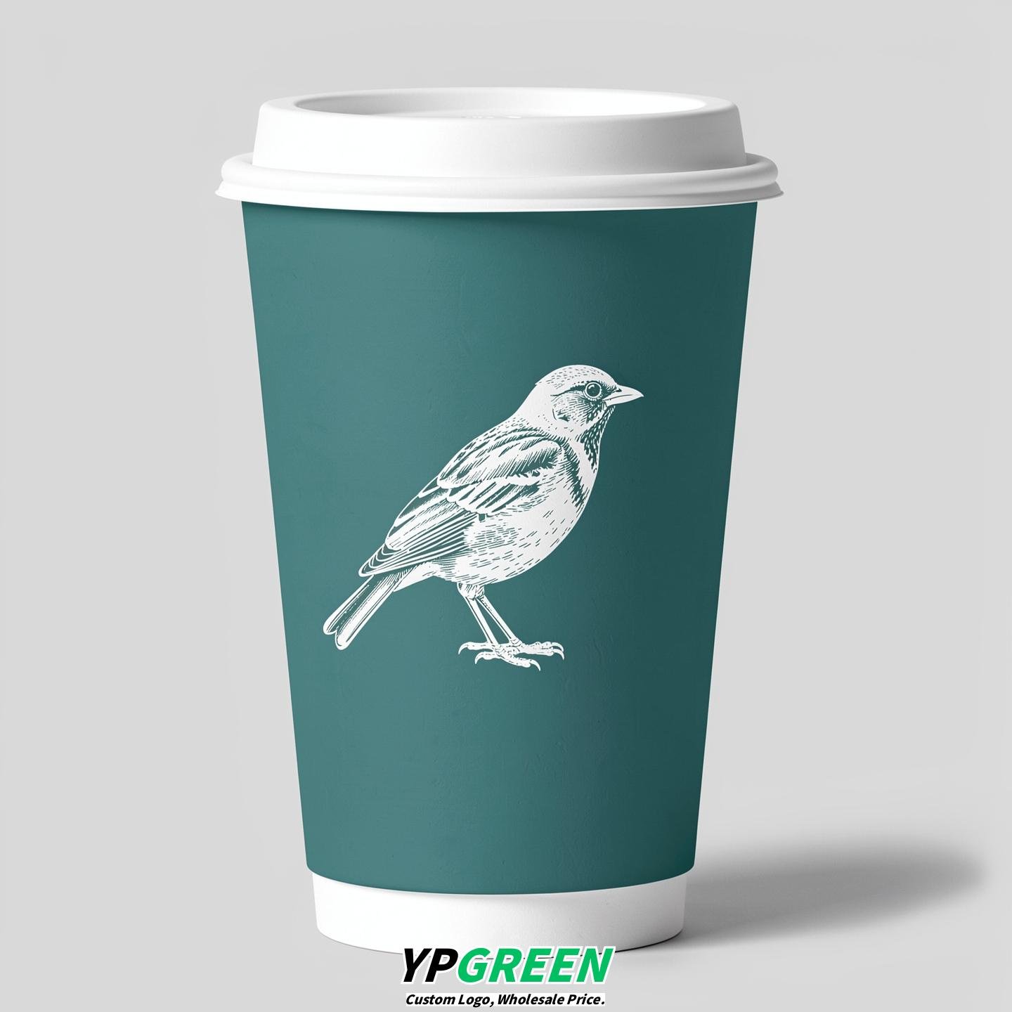 Teal Paper Cups with Bird Logo & Lids 8-24oz