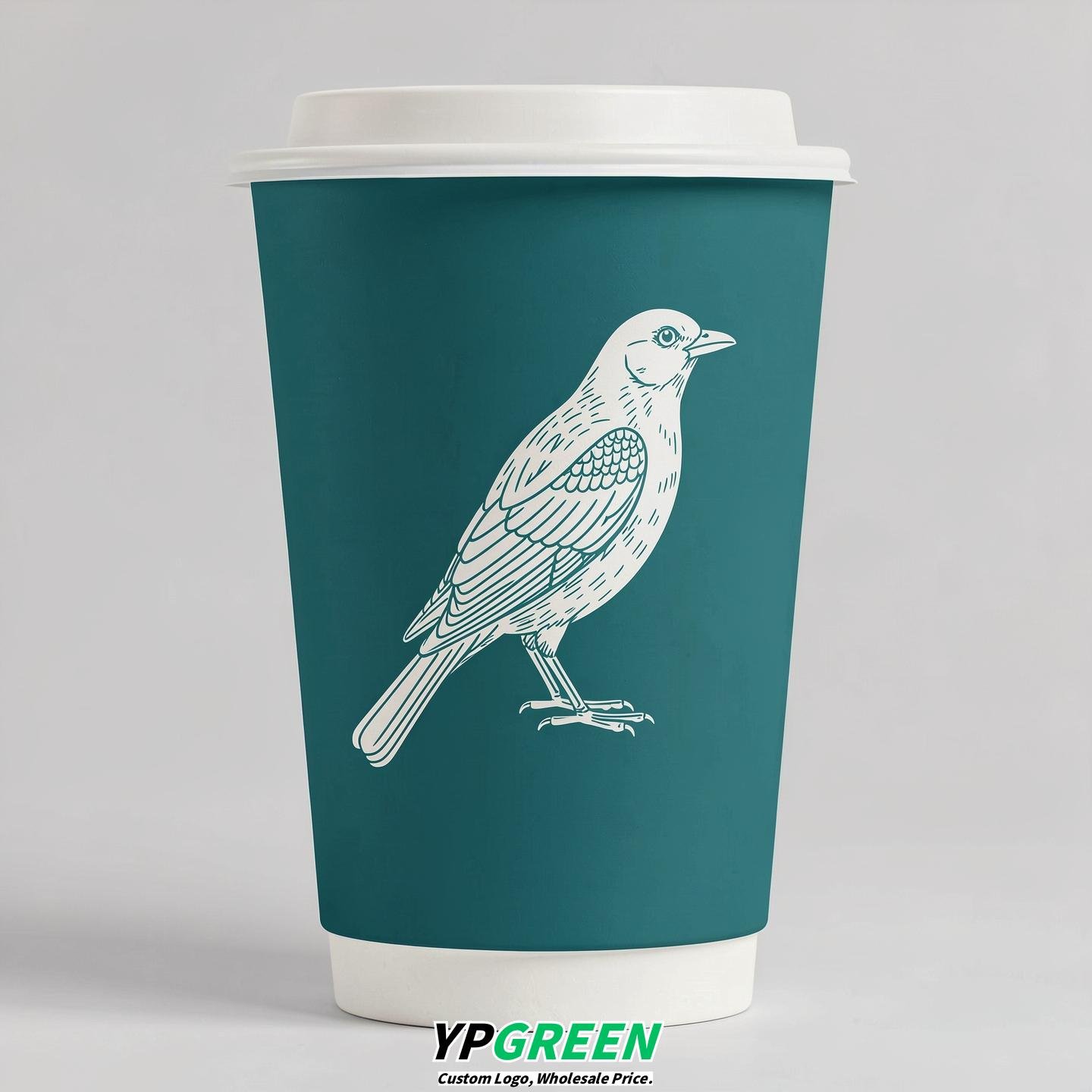 Teal Paper Cups with Bird Logo & Lids 8-24oz