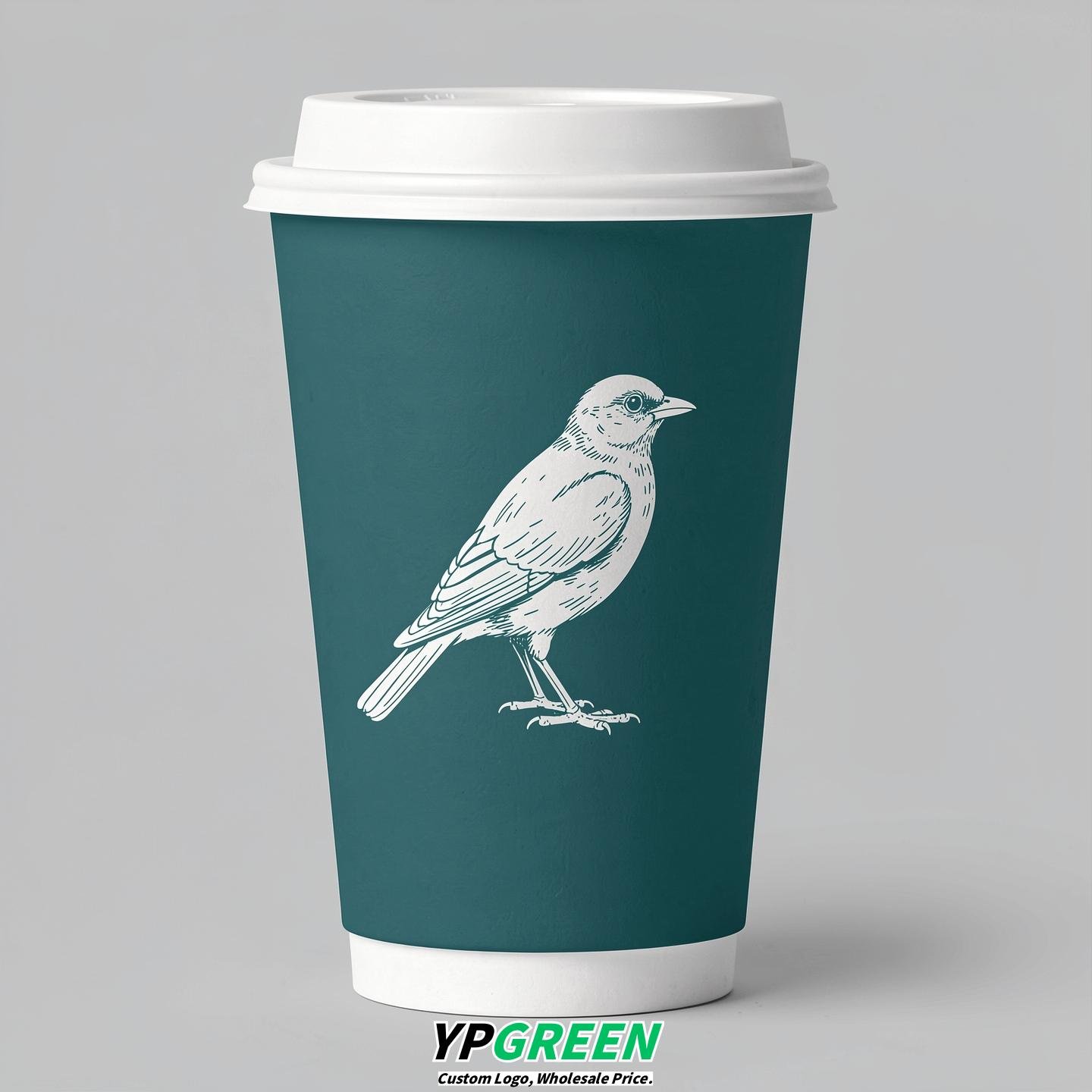 Teal Paper Cups with Bird Logo & Lids 8-24oz