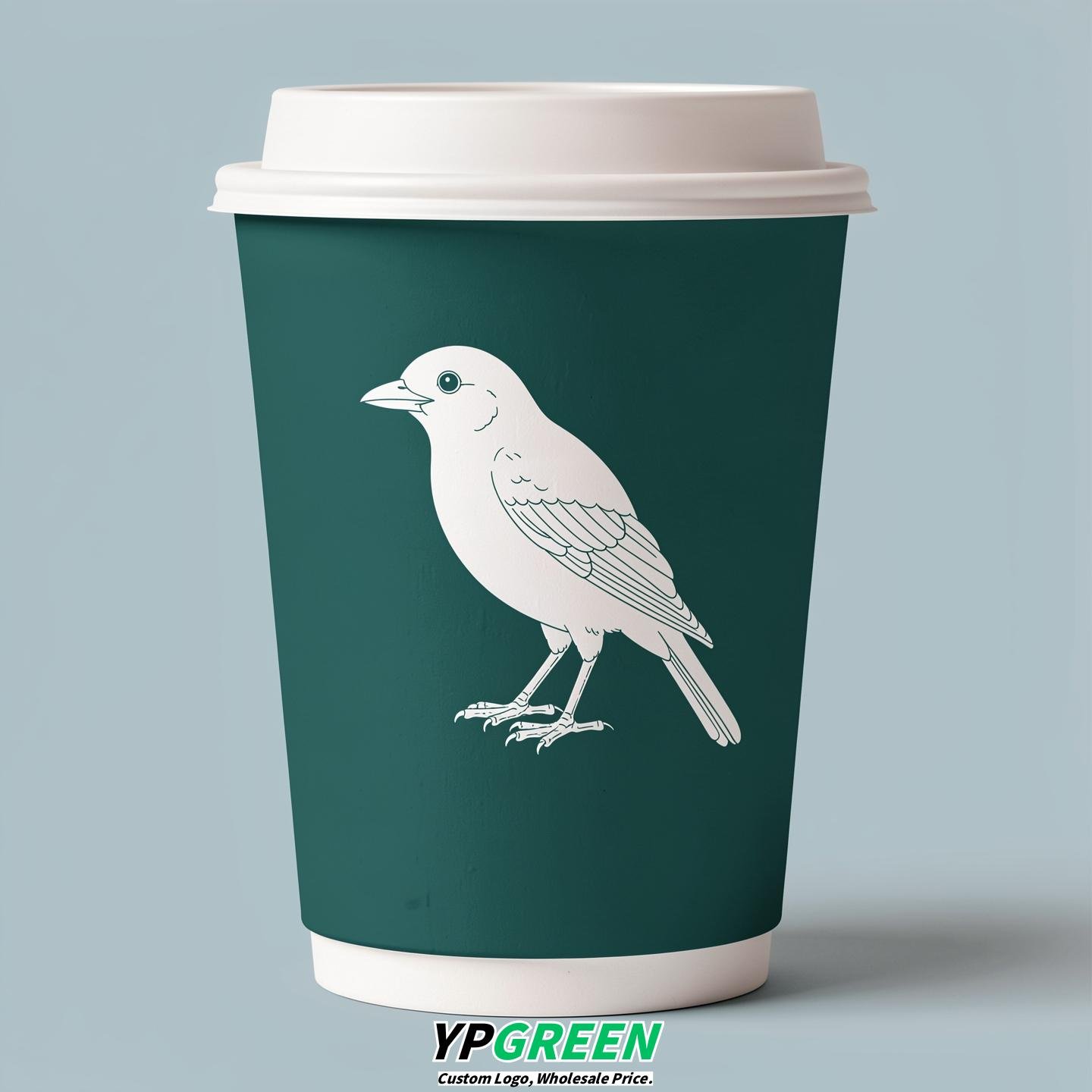Teal Paper Cups with Bird Logo & Lids 8-24oz