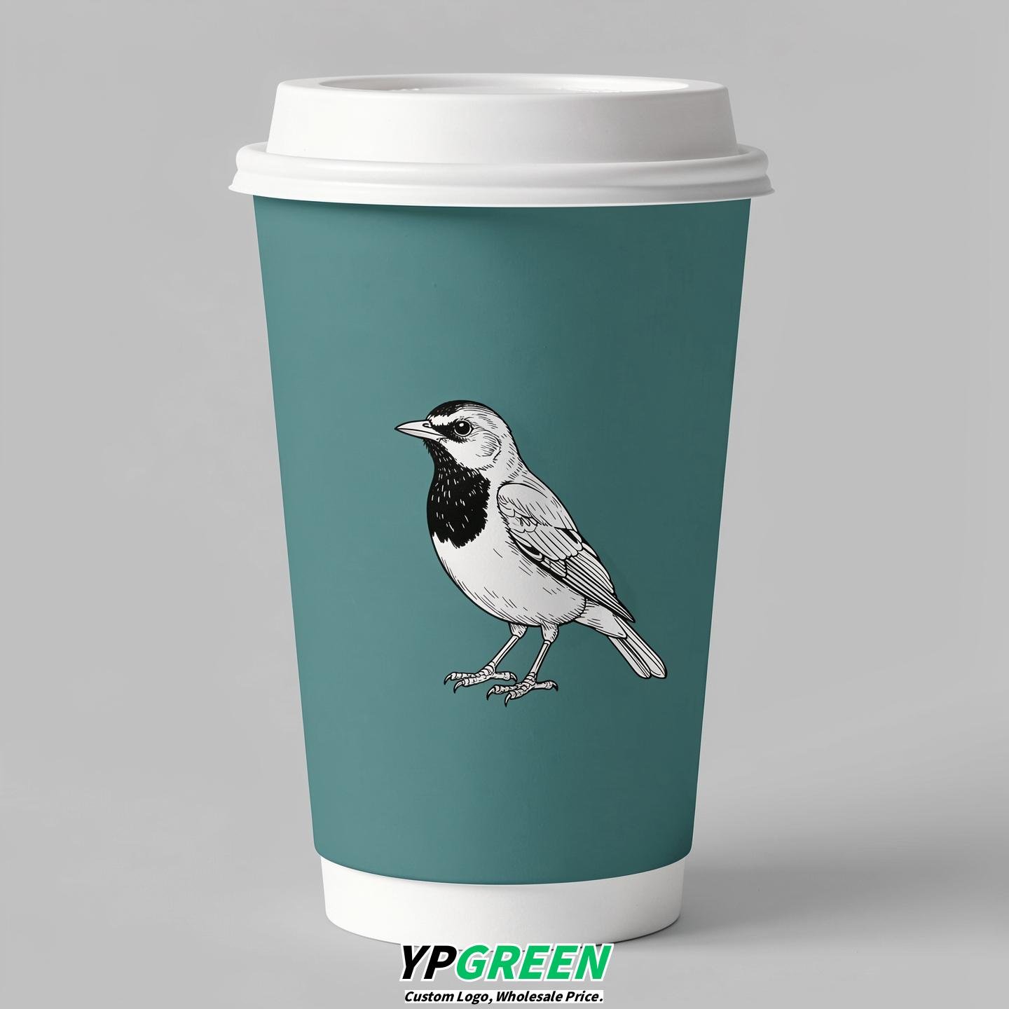 Teal Paper Cups with Bird Logo & Lids 8-24oz