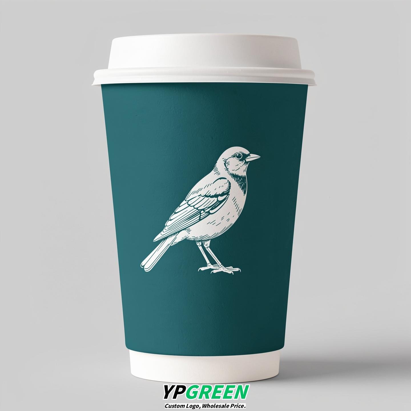 Teal Paper Cups with Bird Logo & Lids 8-24oz