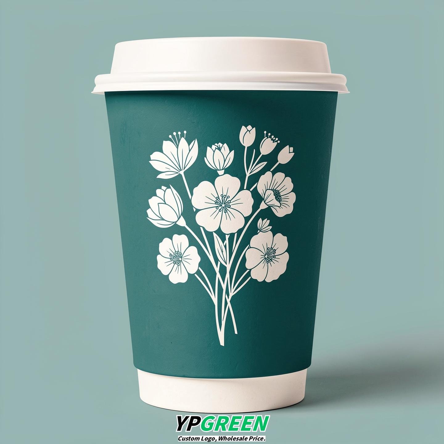 Teal Floral Paper Cups with Lids 8-24oz