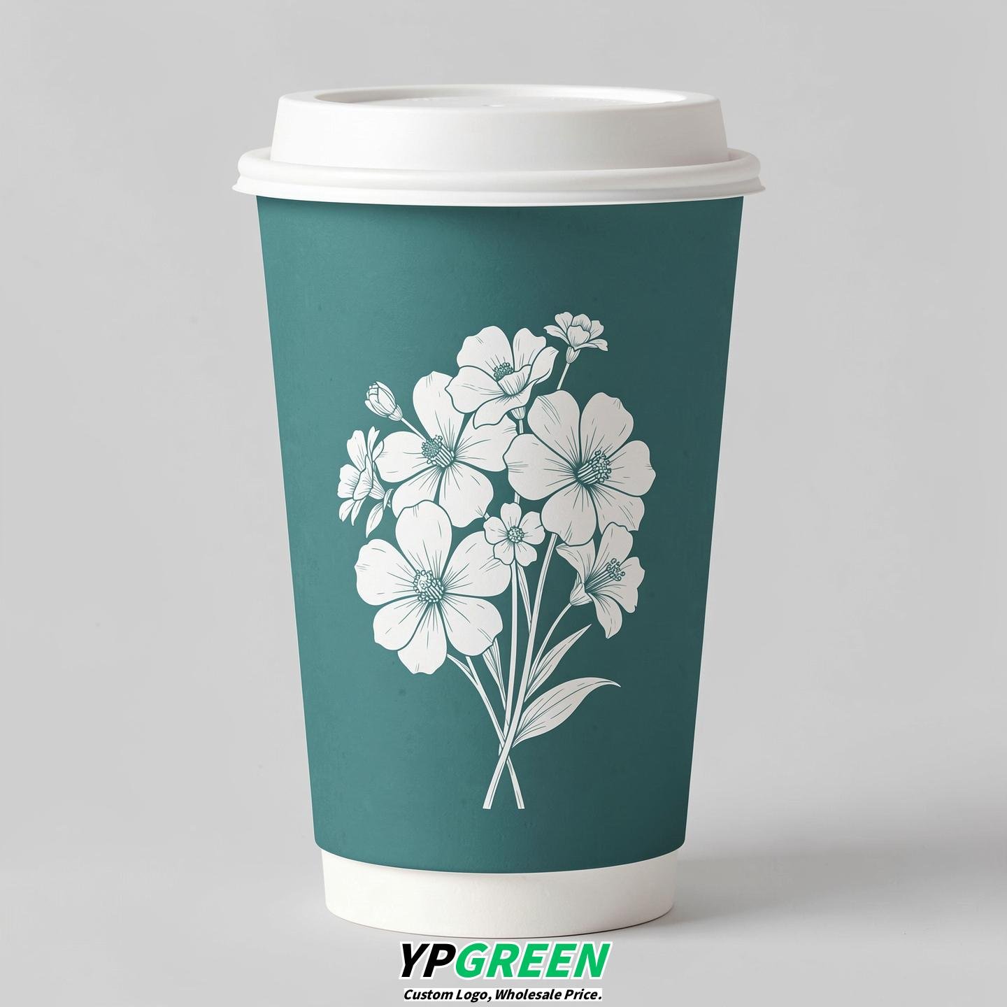 Teal Floral Paper Cups with Lids 8-24oz