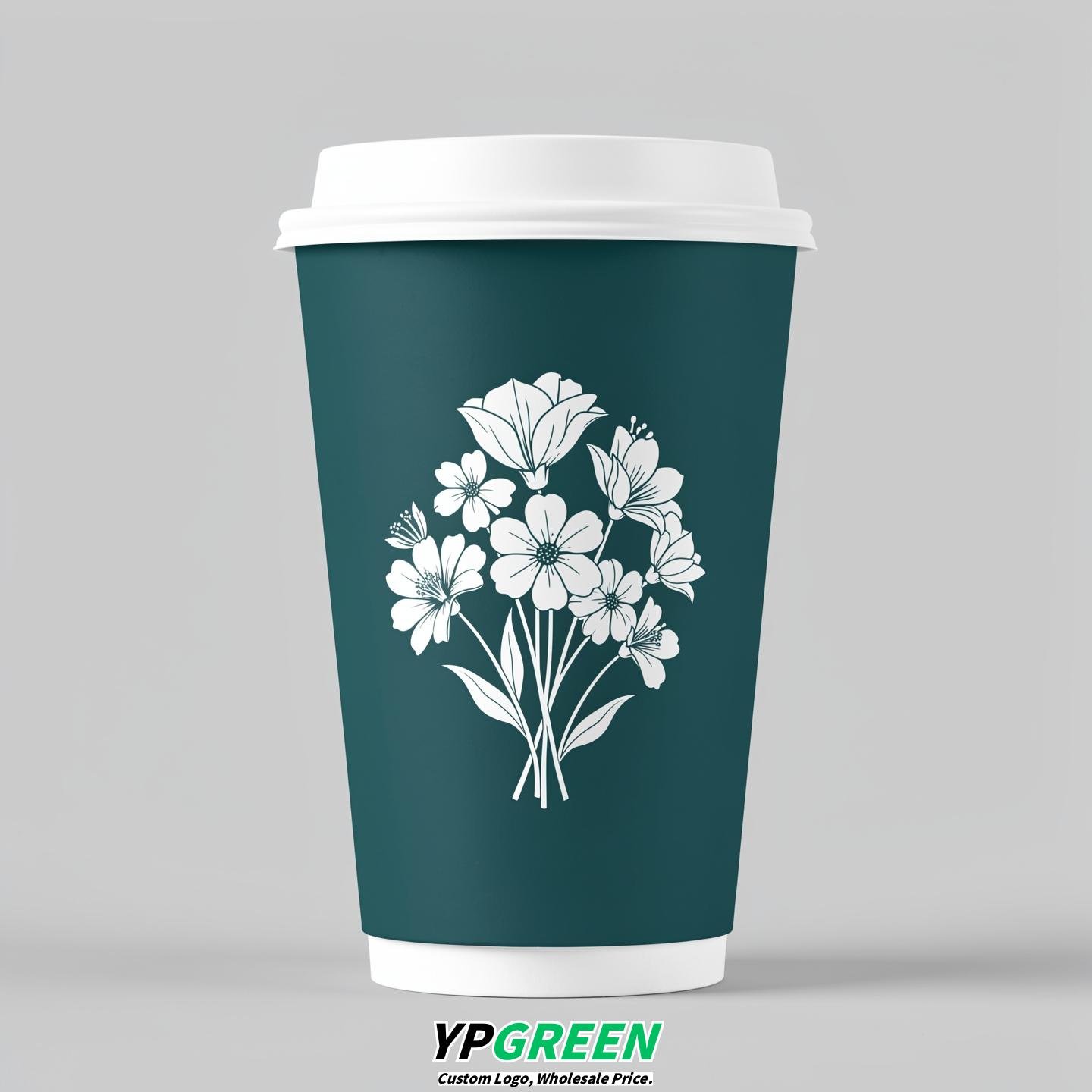 Teal Floral Paper Cups with Lids 8-24oz