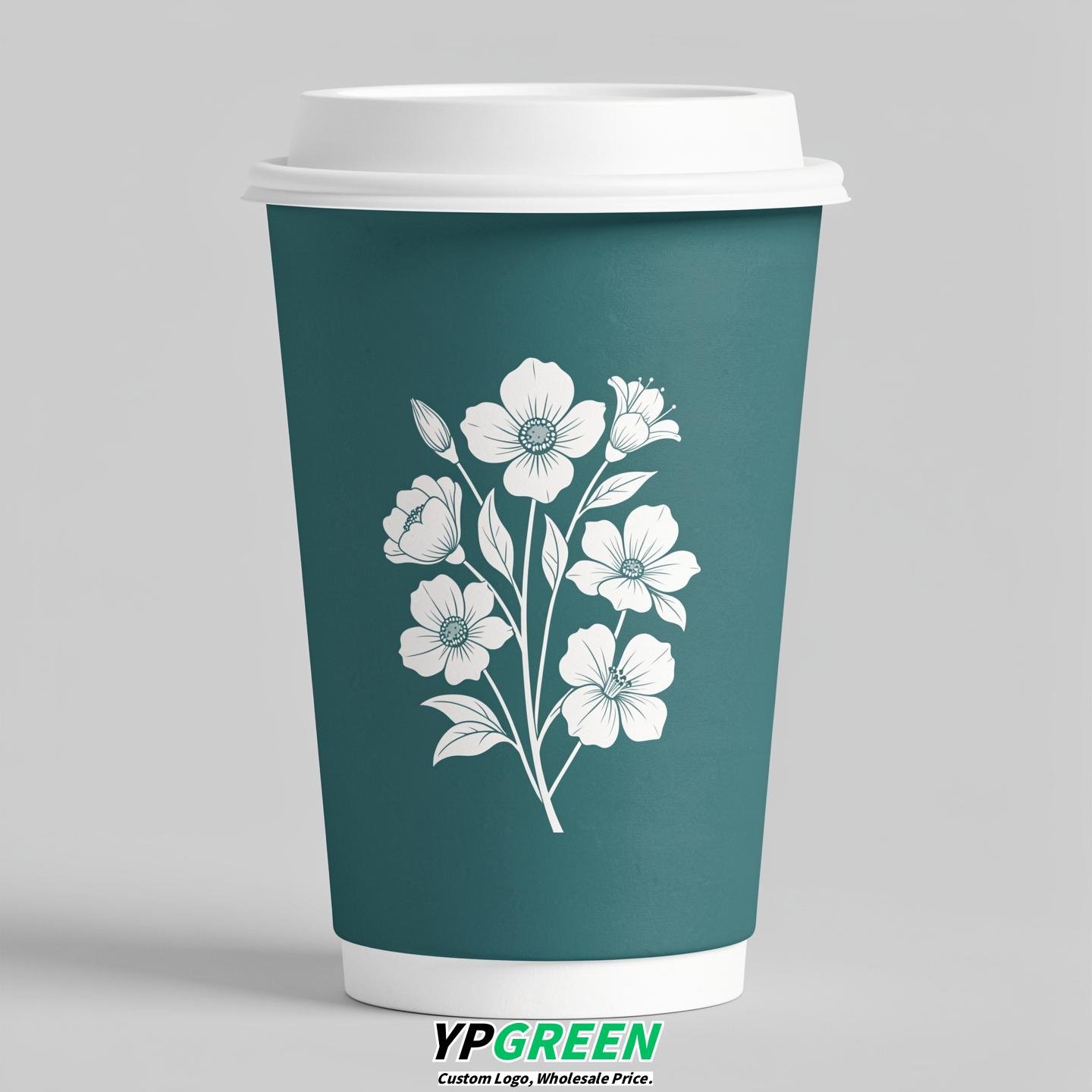 Teal Floral Paper Cups with Lids 8-24oz