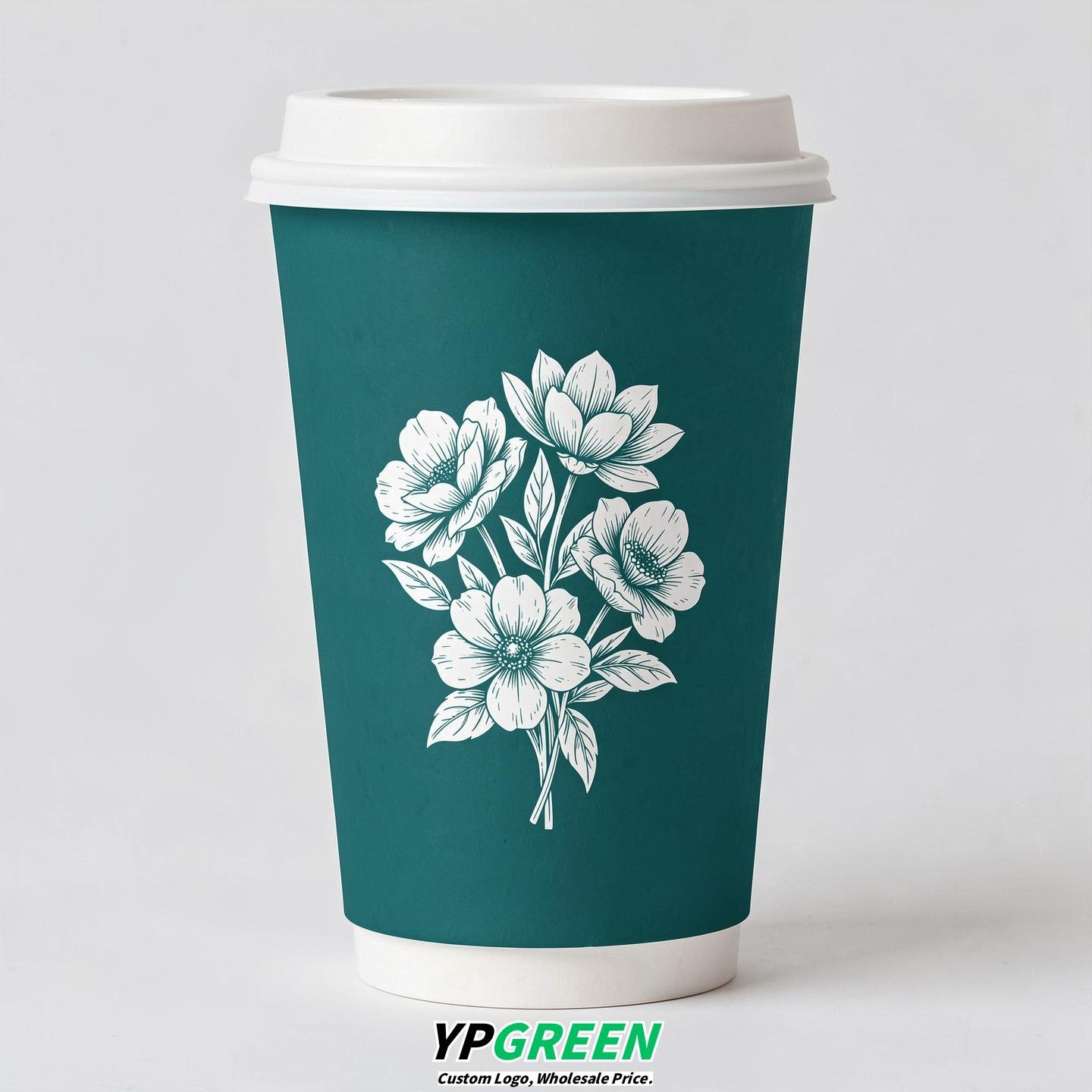 Teal Floral Paper Cups with Lids 8-24oz