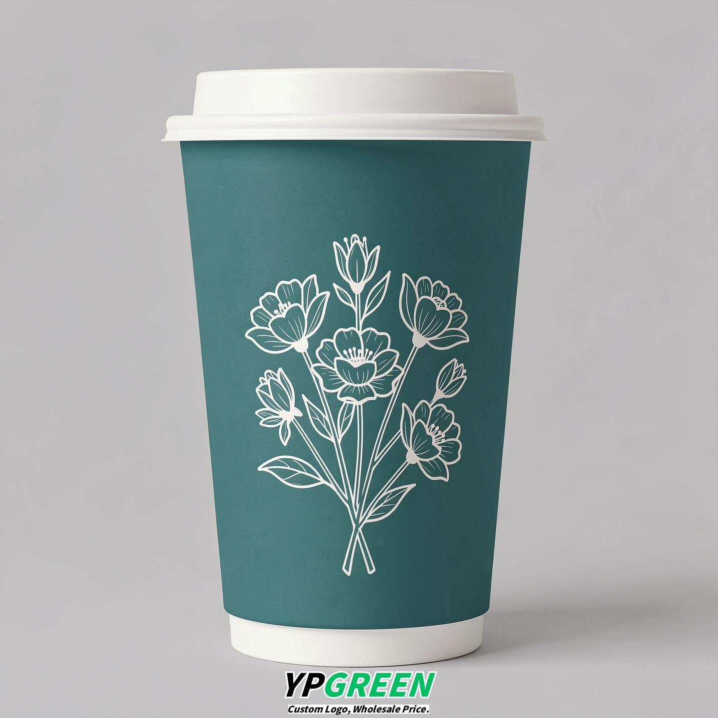 Teal Floral Paper Cups with Lids 8-24oz