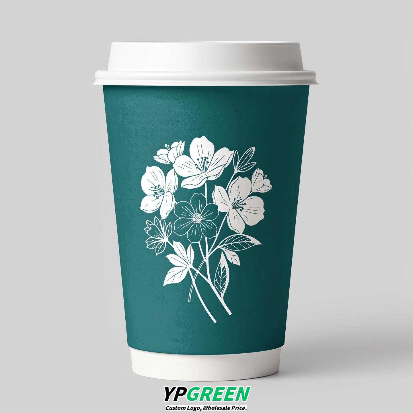 Teal Floral Paper Cups with Lids 8-24oz