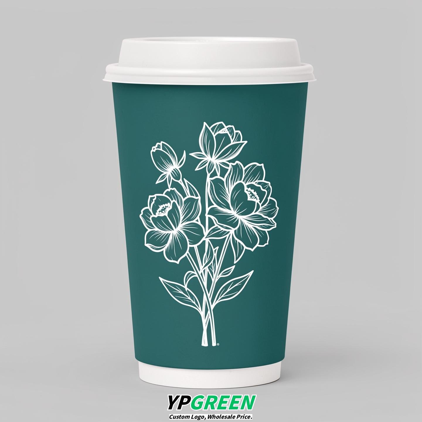 Teal Floral Paper Cups with Lids 8-24oz